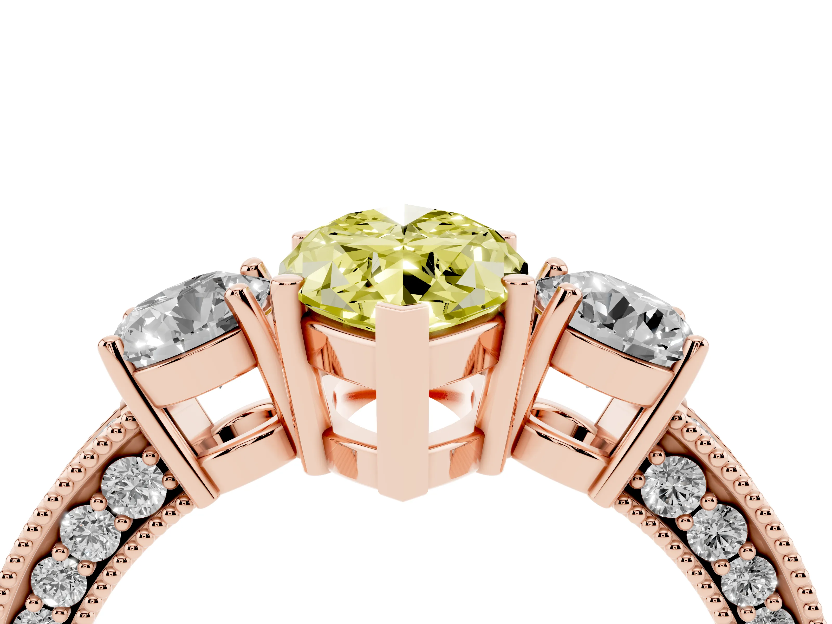 Fancy Yellow Marquise Cut Diamond Three-Stone Ring Set in Rose gold with Round Side Stones and Pavé Band
