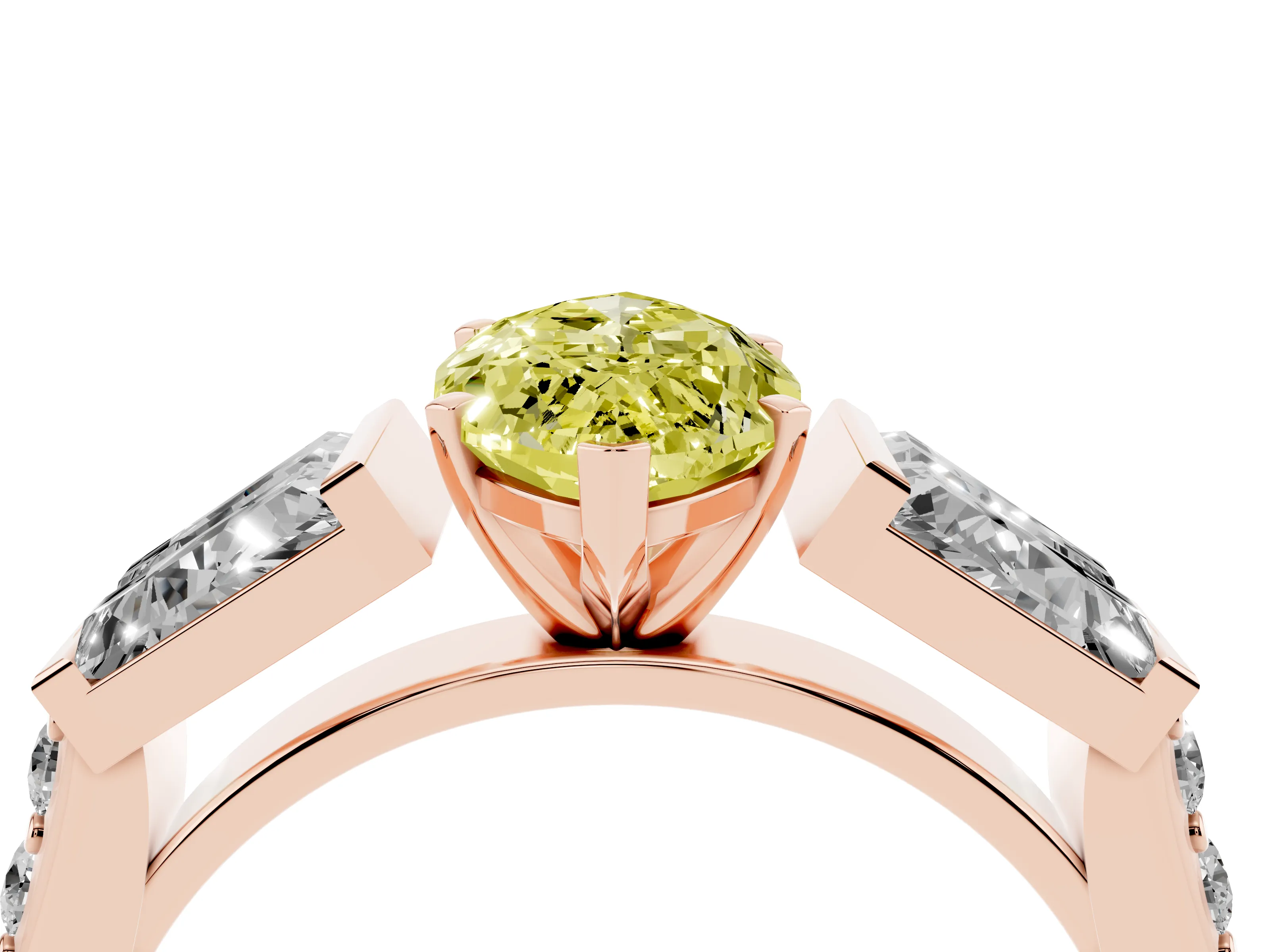 Fancy Yellow Marquise Cut Diamond Engagement Ring Set in Rose gold with Baguette Side Stones and Channel Set Band