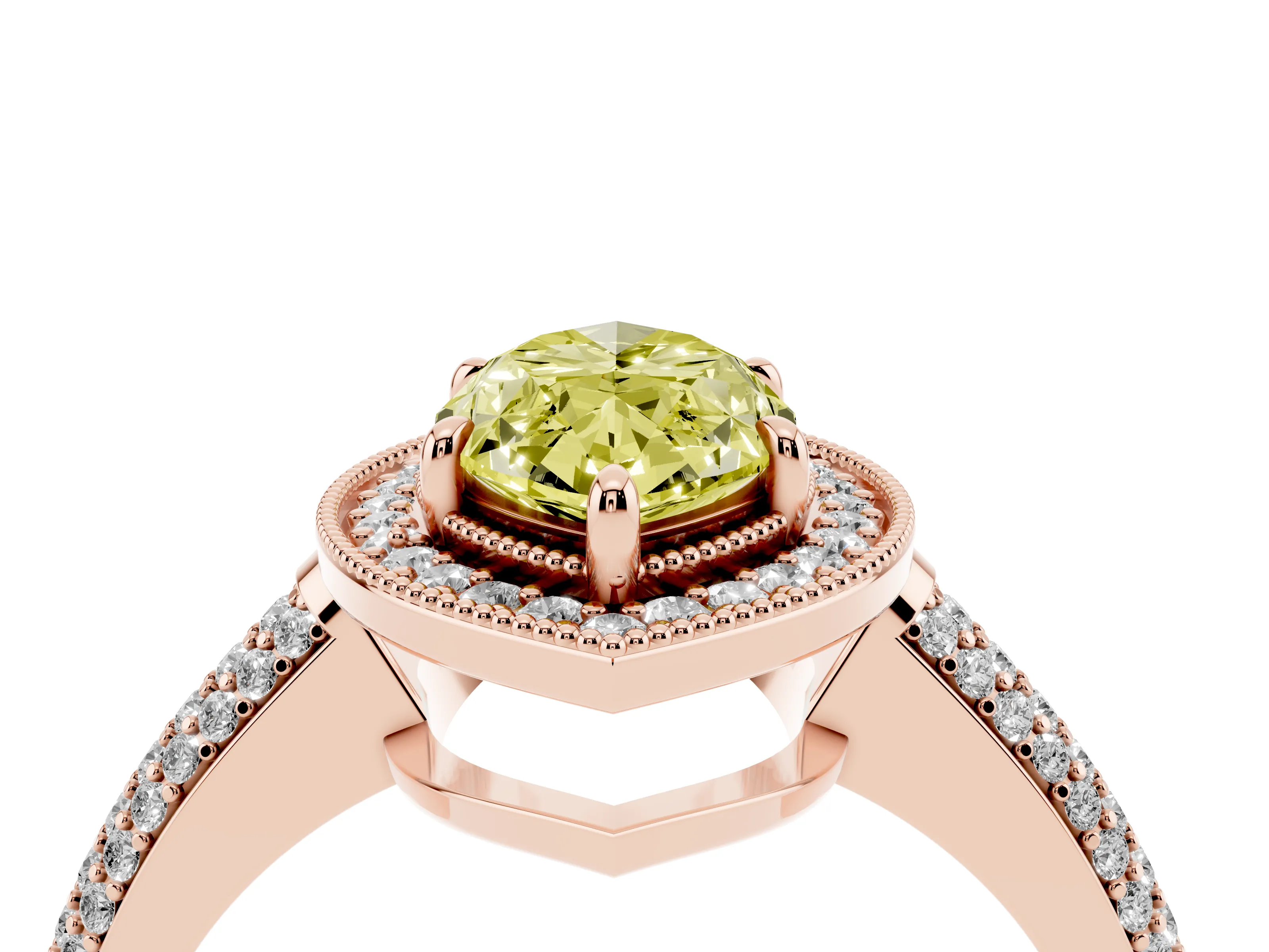 Fancy Yellow Marquise Cut Diamond Halo Pavé Band Set in Rose gold with Prong Setting