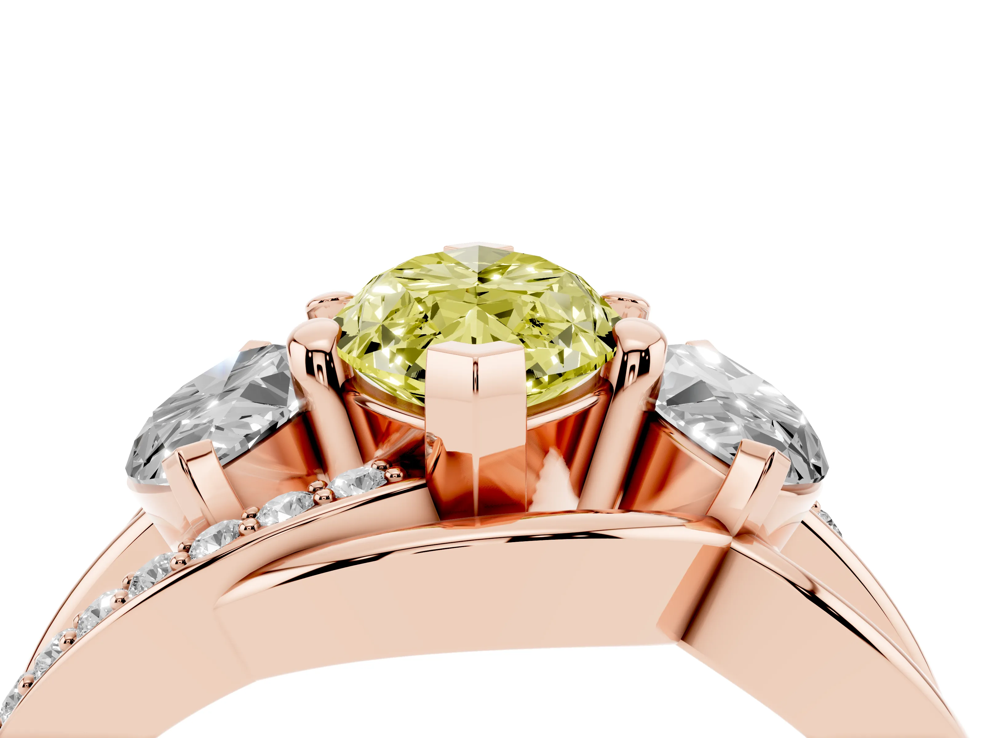 Fancy Yellow Marquise Cut Diamond Three-Stone Ring Set in Rose gold with Split Shank and Prong Setting