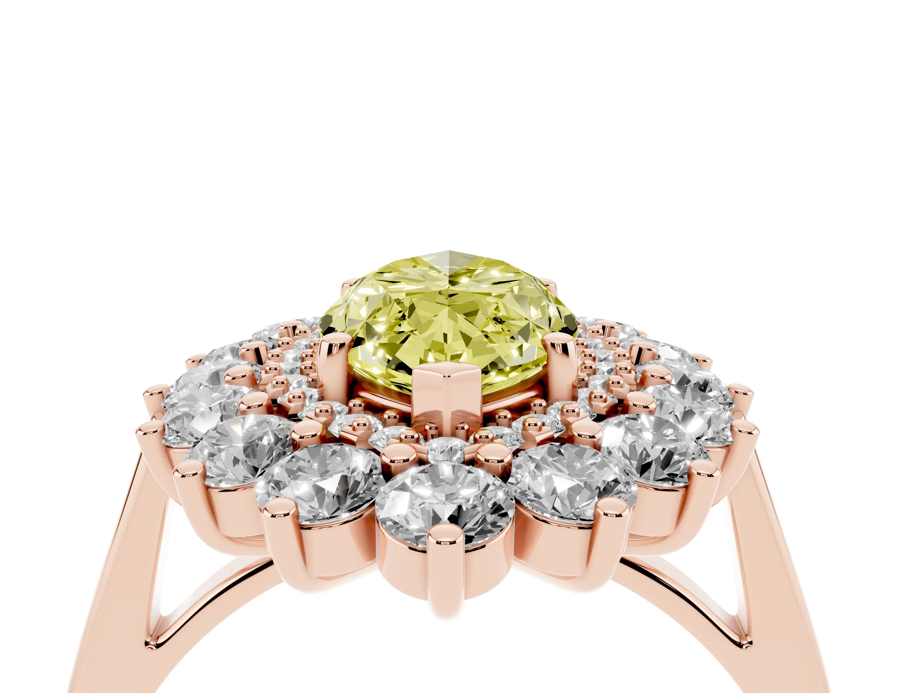 Fancy Yellow Marquise Cut Diamond Floral Double Halo Ring Set in Rose gold with Round Petals