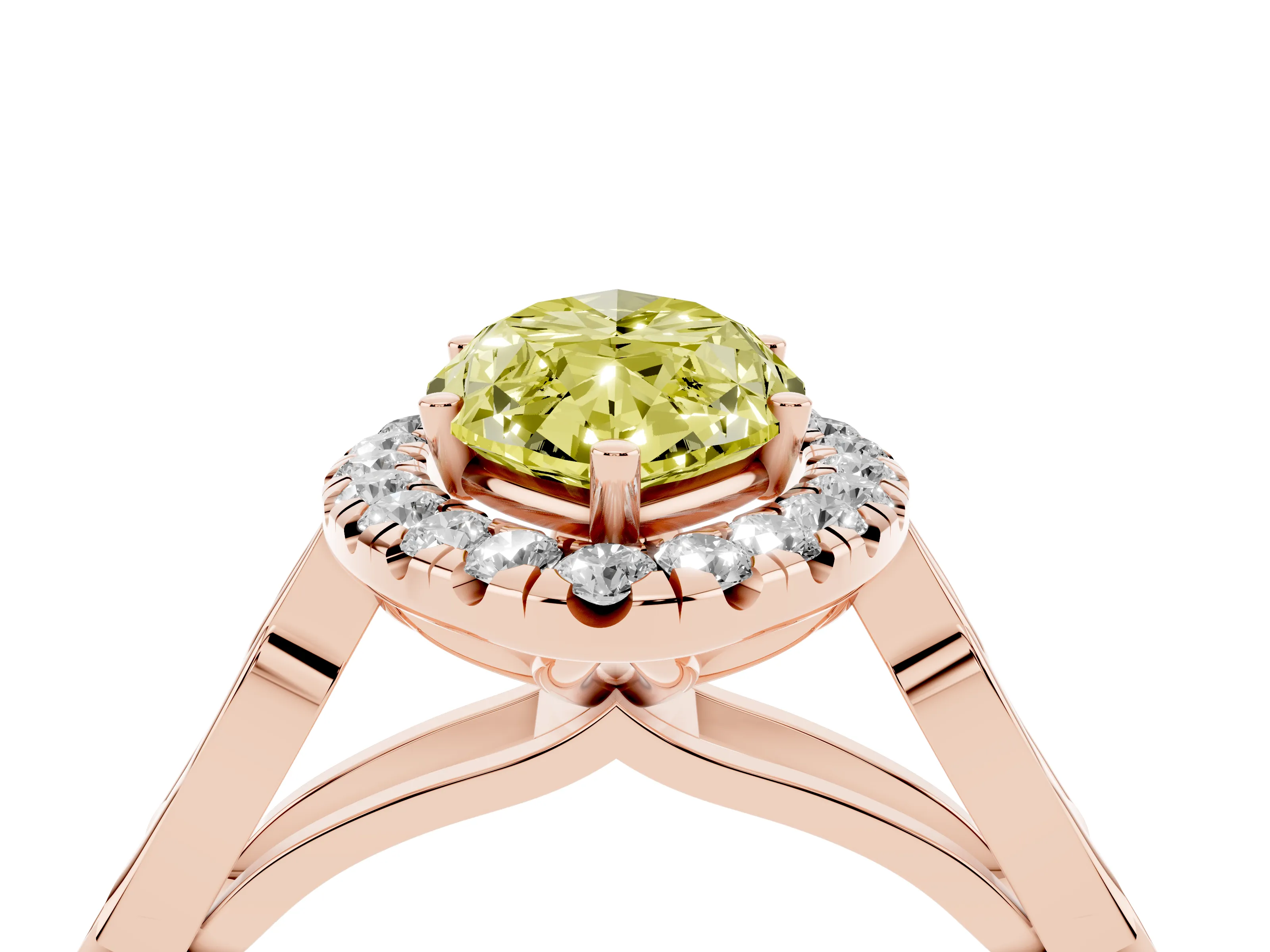Fancy Yellow Marquise Cut Diamond Halo Engagement Ring Set in Rose gold with Filigree Band and Prong-Set Center