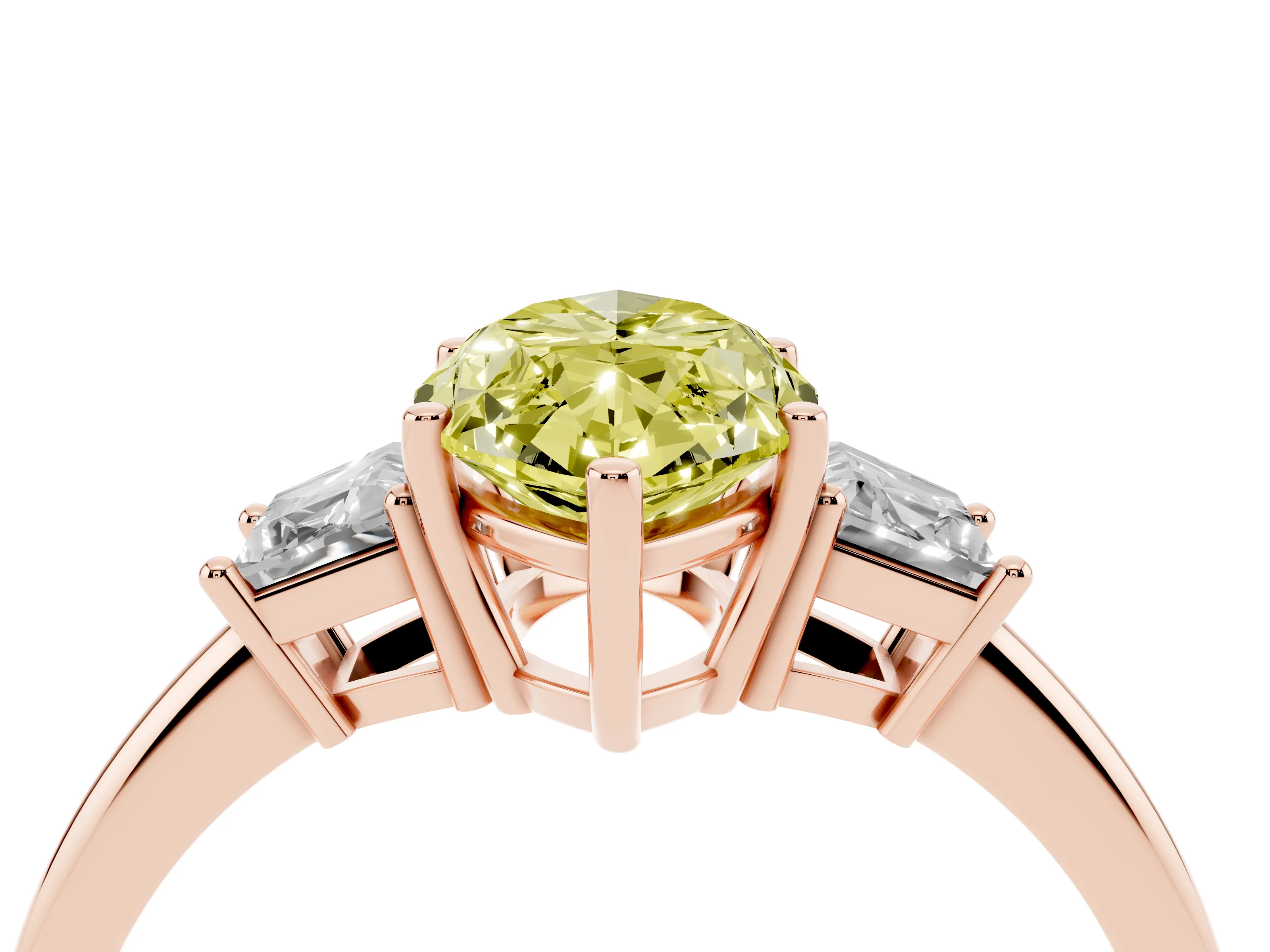 Fancy Yellow Marquise Cut Diamond Three-Stone Ring Set in Rose gold with Trapezoid Side Stones and Prong Setting