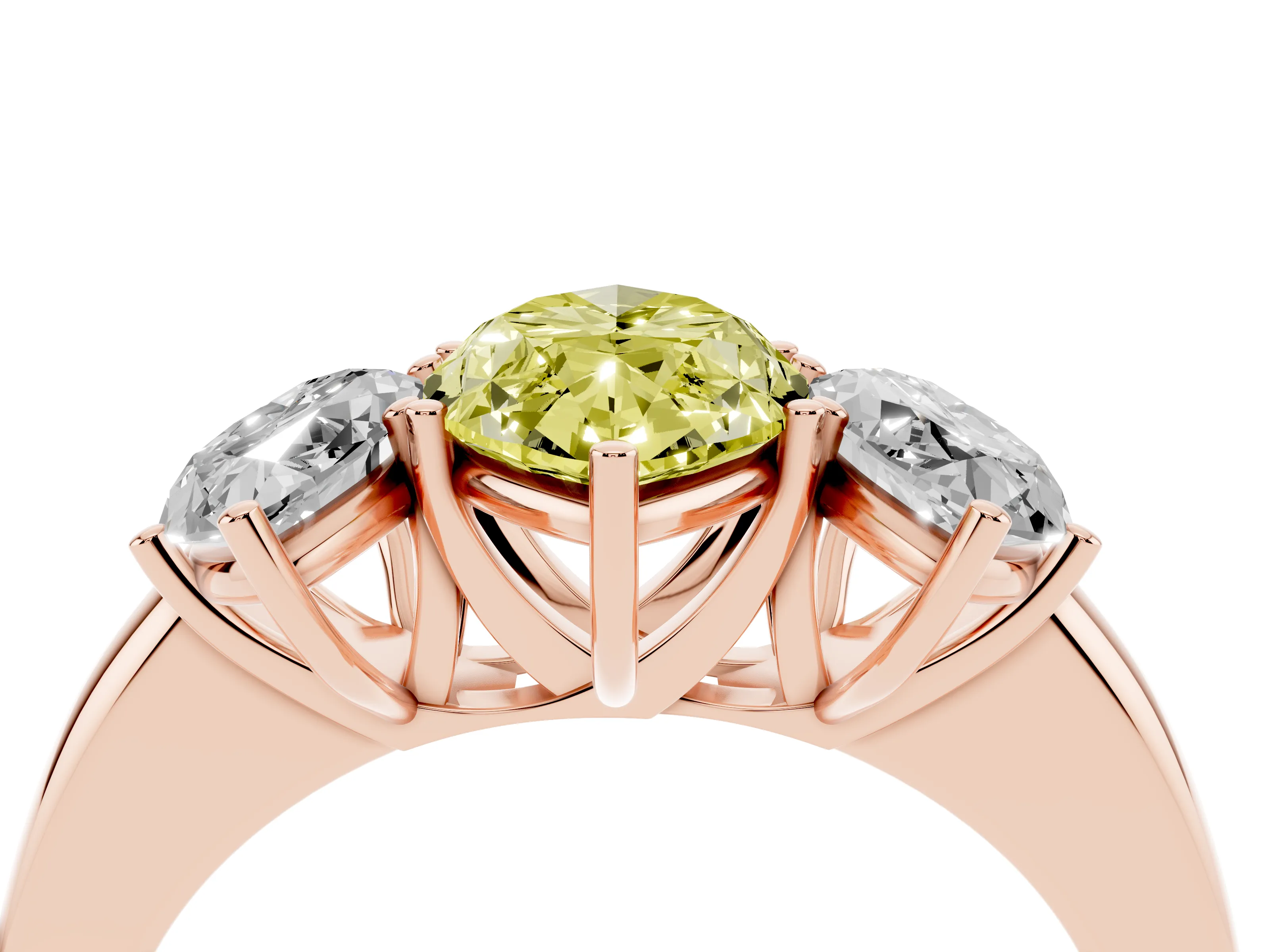 Fancy Yellow Marquise Cut Diamond Three-Stone Ring Set in Rose gold with Bold Center and Classic Band
