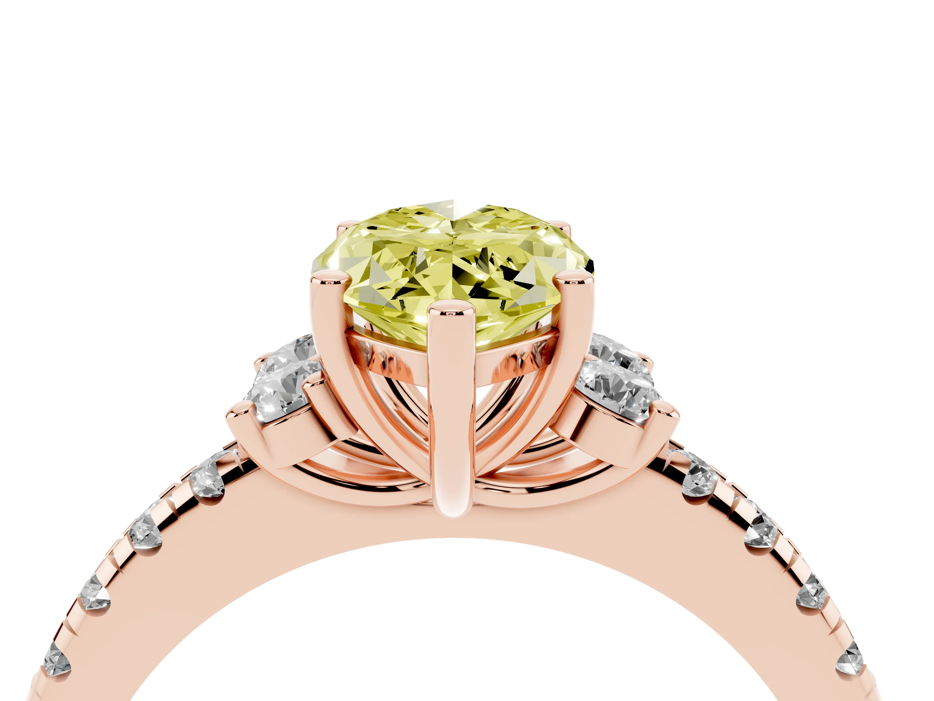 Fancy Yellow Marquise Cut Diamond Three-Stone Pavé Ring Set in Rose gold with Prong Setting