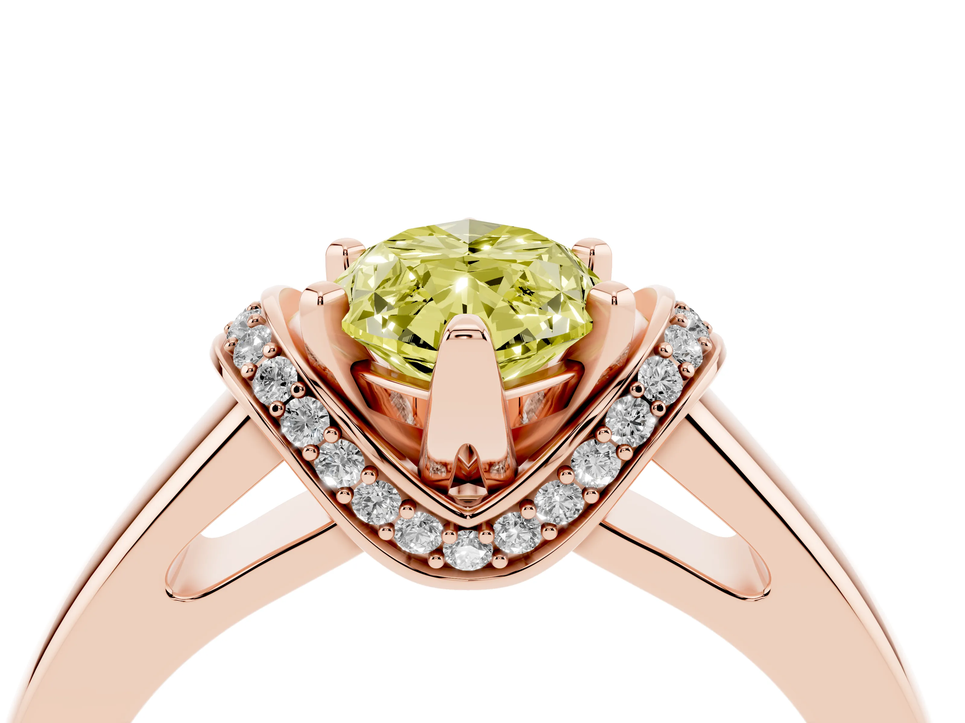 Fancy Yellow Marquise Cut Diamond Pavé Band Solitaire Ring Set in Rose gold with Prong Setting