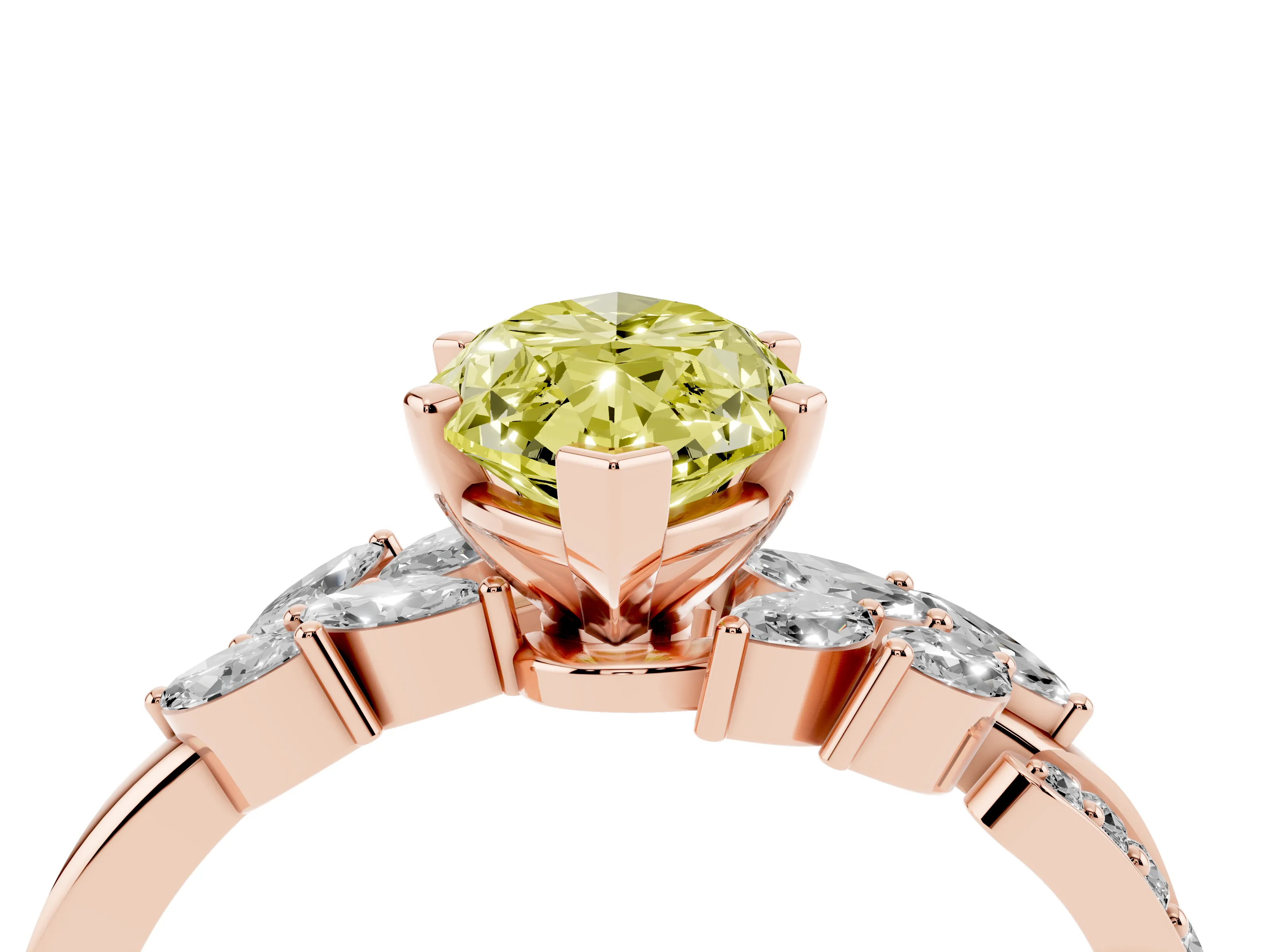 Fancy Yellow Marquise Cut Diamond Solitaire Ring Set in Rose gold with Marquise Twist Band and Prong Setting