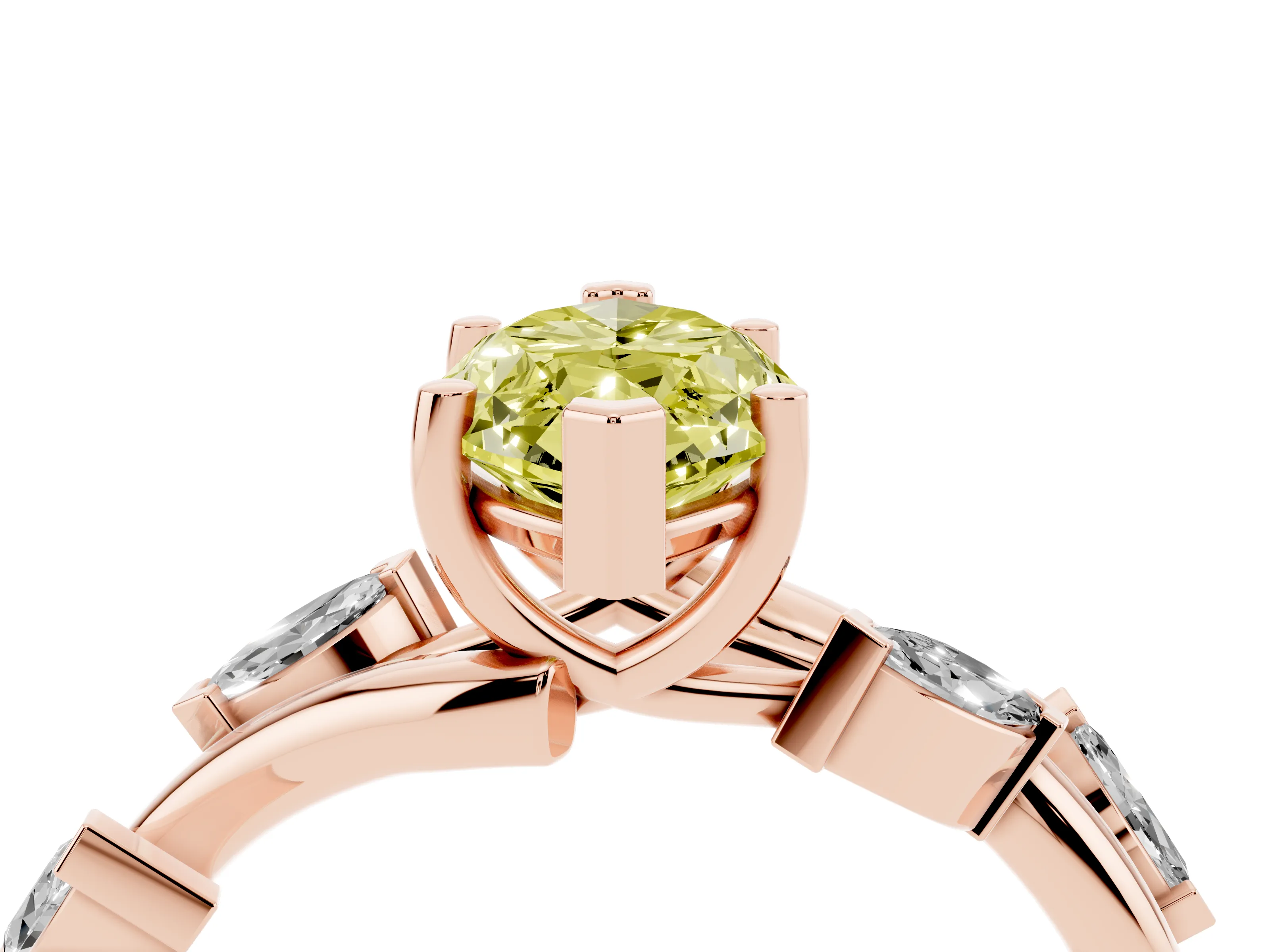 Fancy Yellow Marquise Cut Diamond Solitaire Ring Set in Rose gold with Twisted Marquise Accent Band