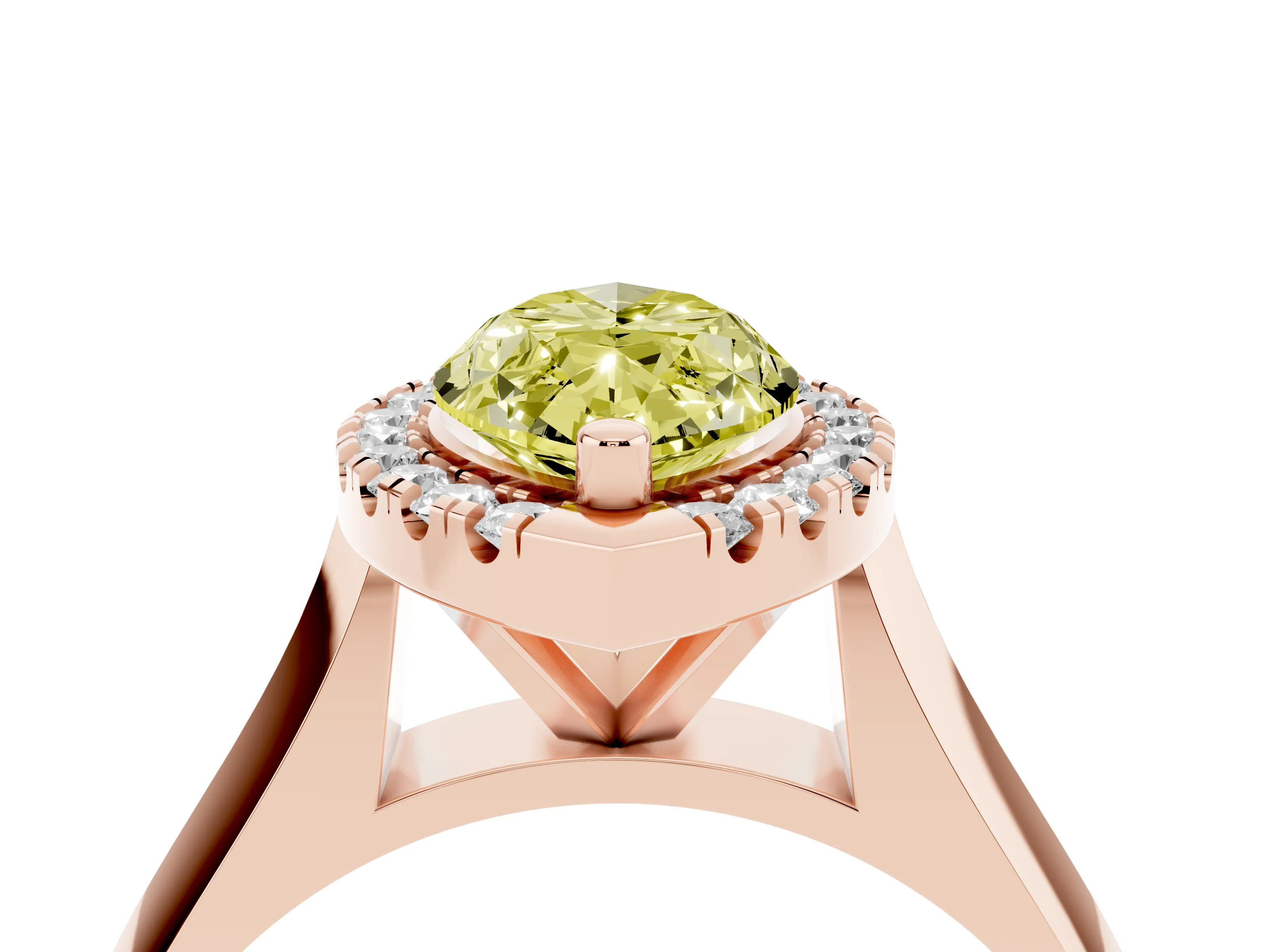 Fancy Yellow Marquise Cut Diamond Halo Solitaire Engagement Ring Set in Rose gold with Square Band and Prong Setting