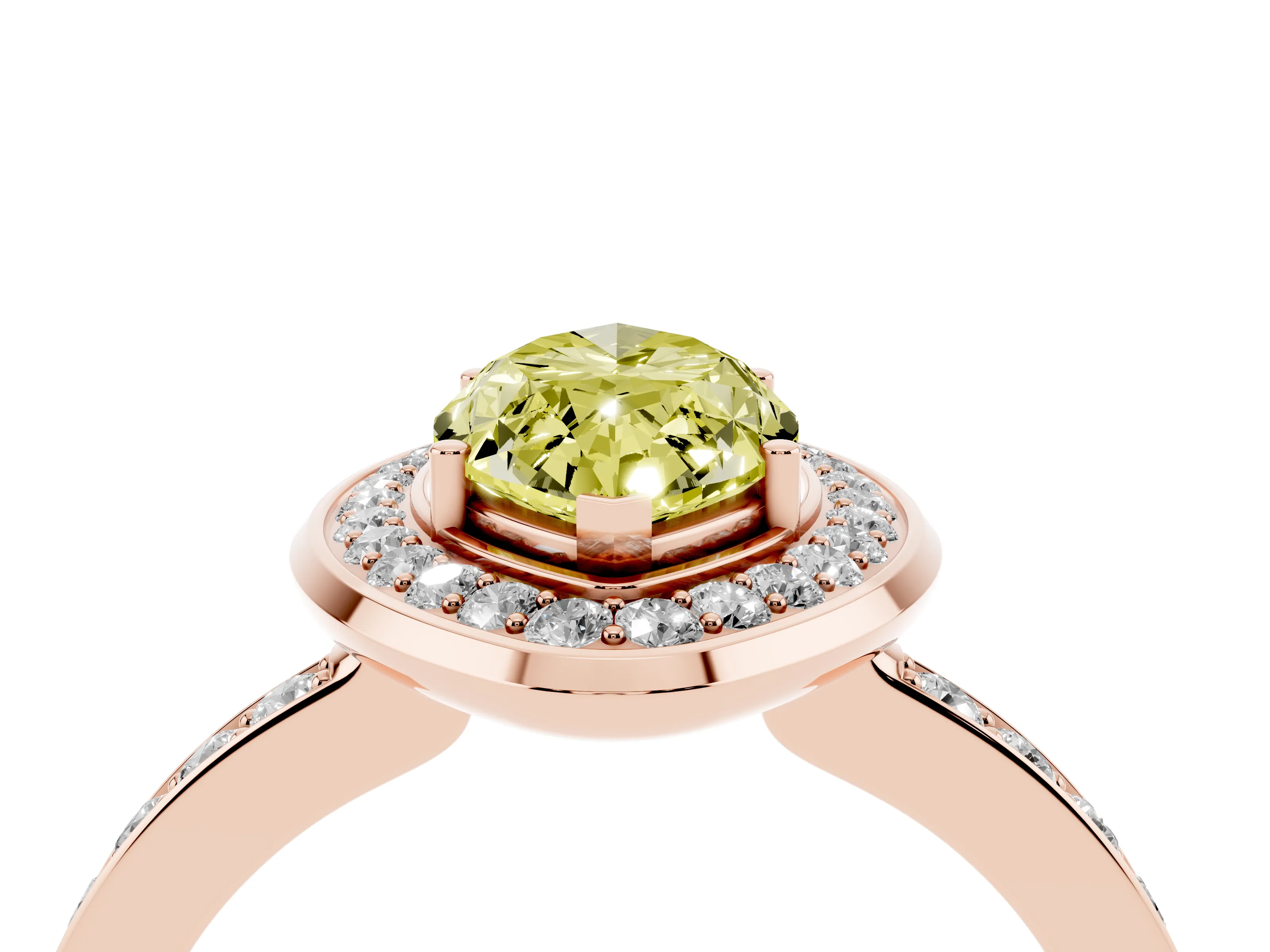 Fancy Yellow Marquise Cut Diamond Halo Ring Set in Rose gold with Bezel Frame and Pavé Band
