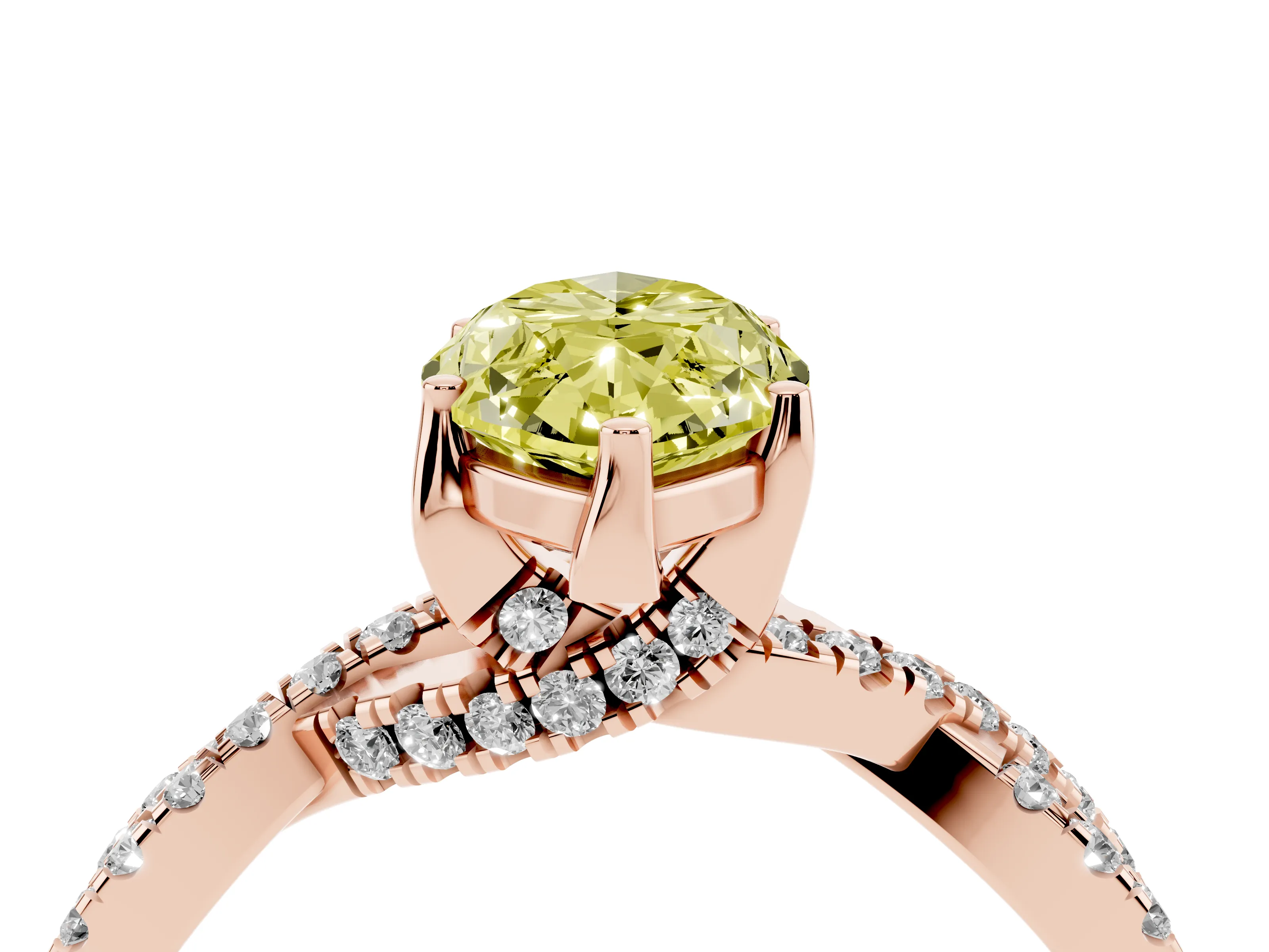 Fancy Yellow Marquise Cut Diamond Twist Pavé Solitaire Engagement Ring Set in Rose gold with Prong Setting