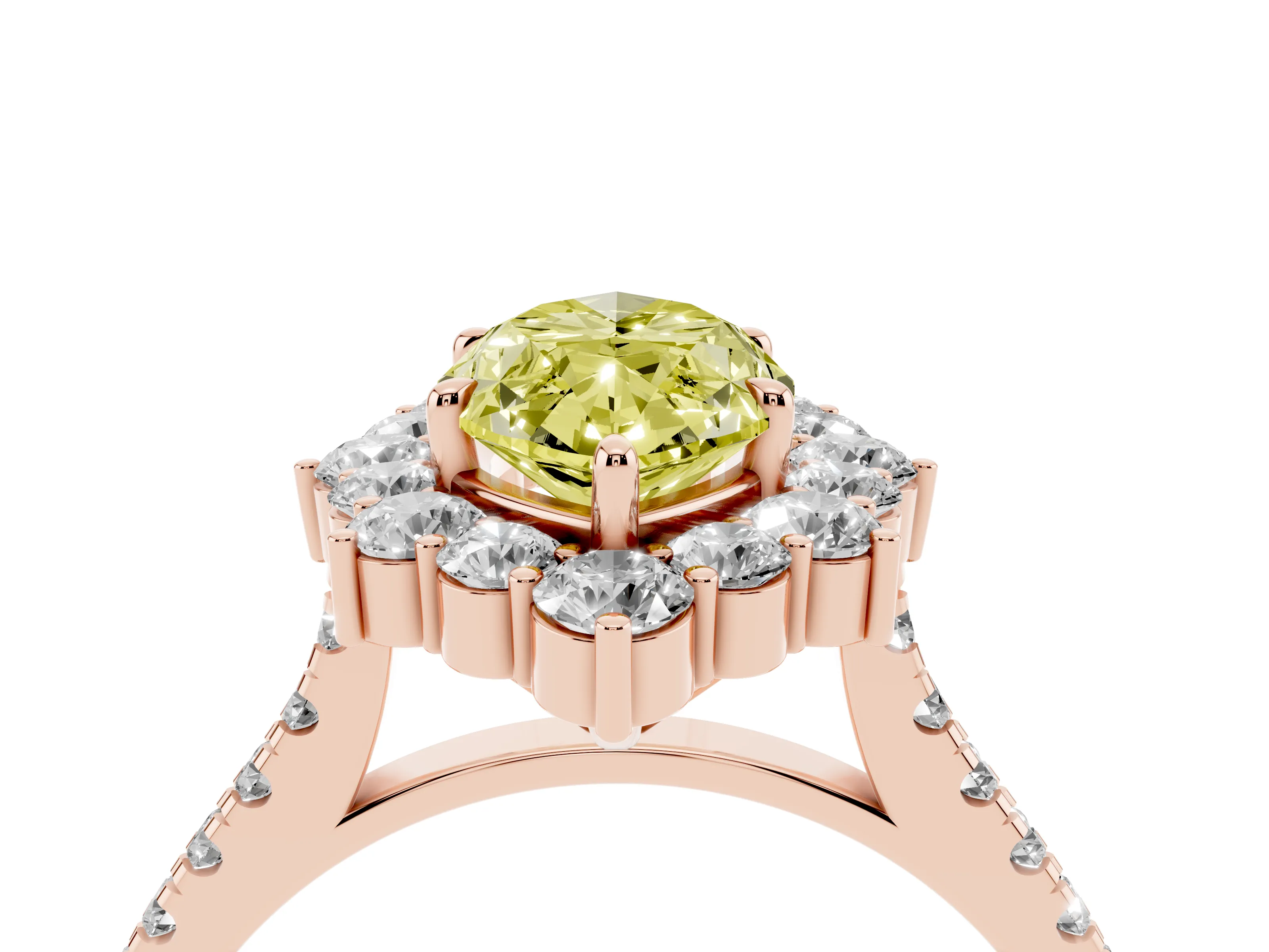 Fancy Yellow Marquise Cut Diamond Halo Ring Set in Rose gold with Pavé Band and Prong Setting