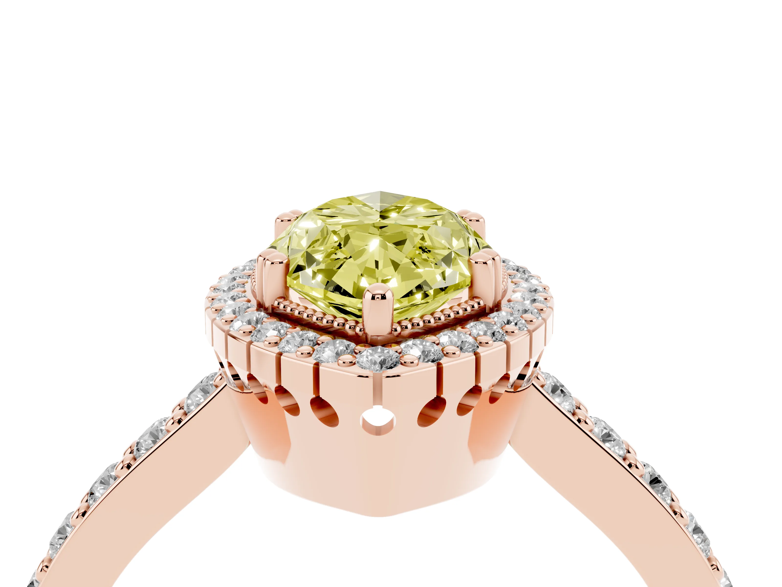 Fancy Yellow Marquise Cut Diamond Halo Engagement Ring Set in Rose gold with Milgrain Detail and Pavé Band