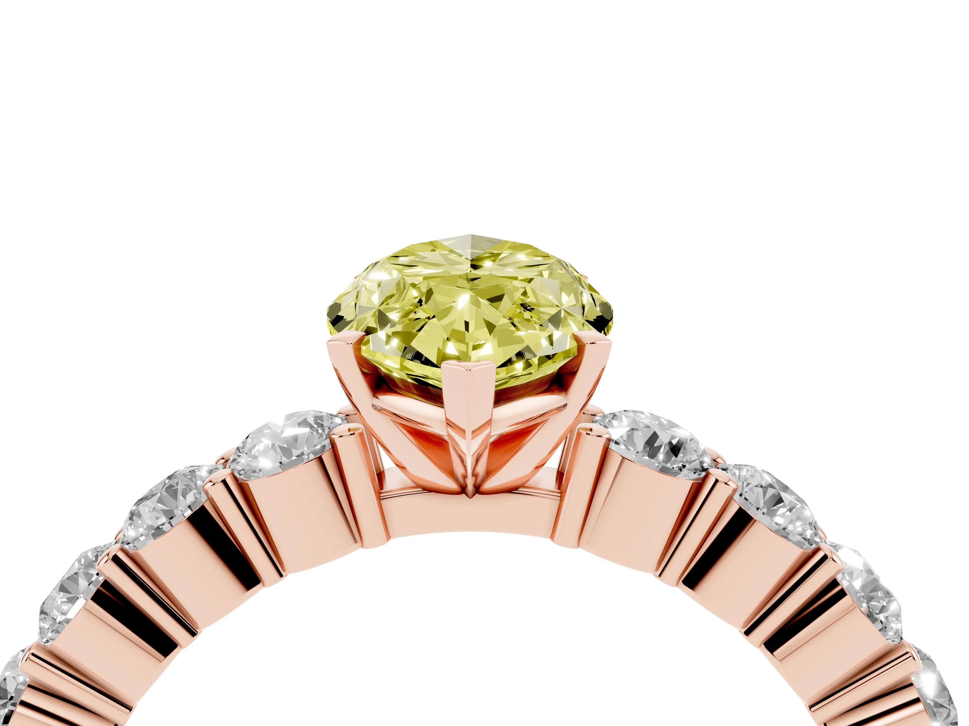 Fancy Yellow Marquise Cut Diamond Solitaire Ring Set in Rose gold with Shared Prong Round Side Stones