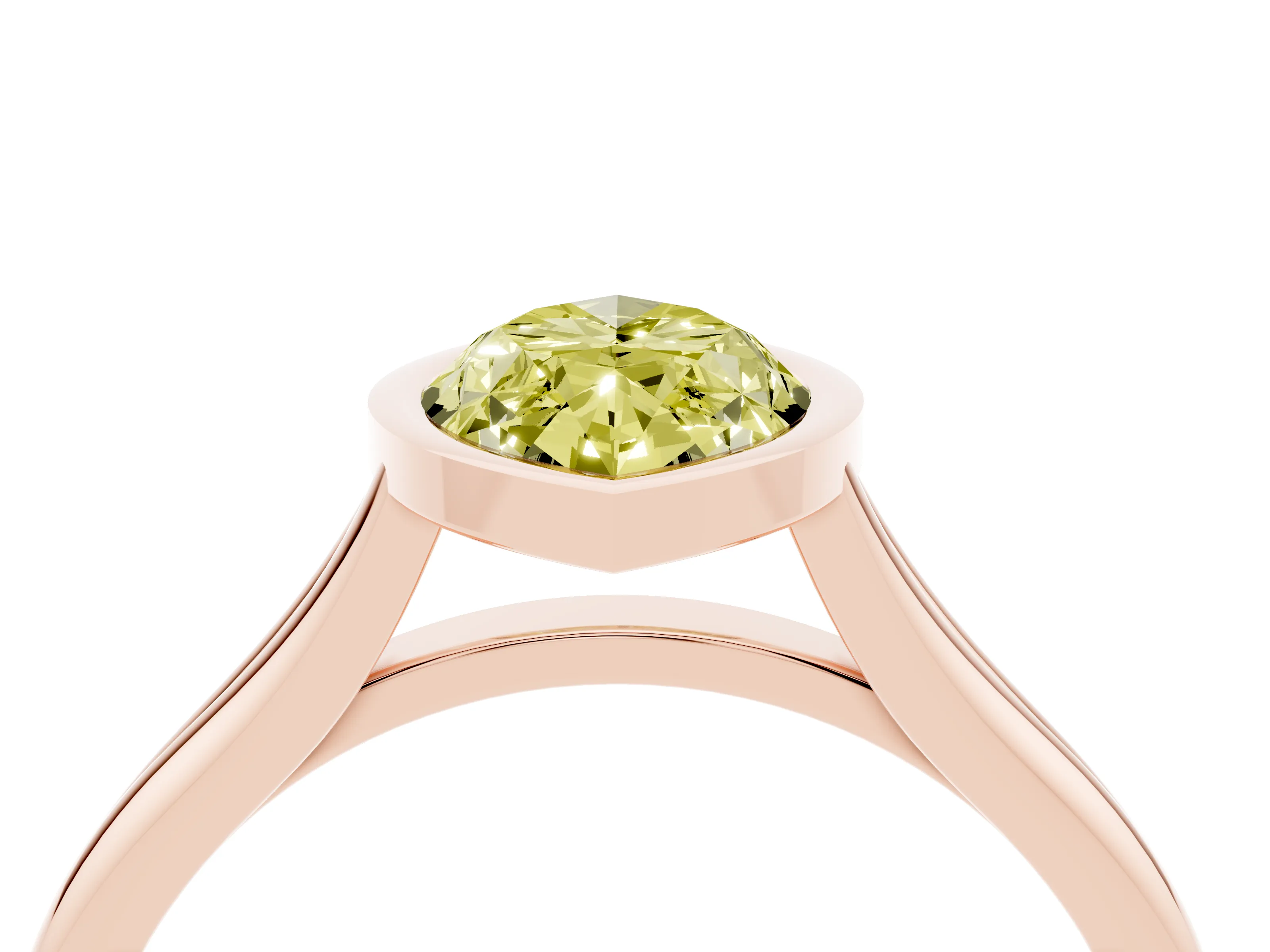 Fancy Yellow Bezel Set Marquise Cut Diamond Solitaire Ring Set in Rose gold with Tapered Band