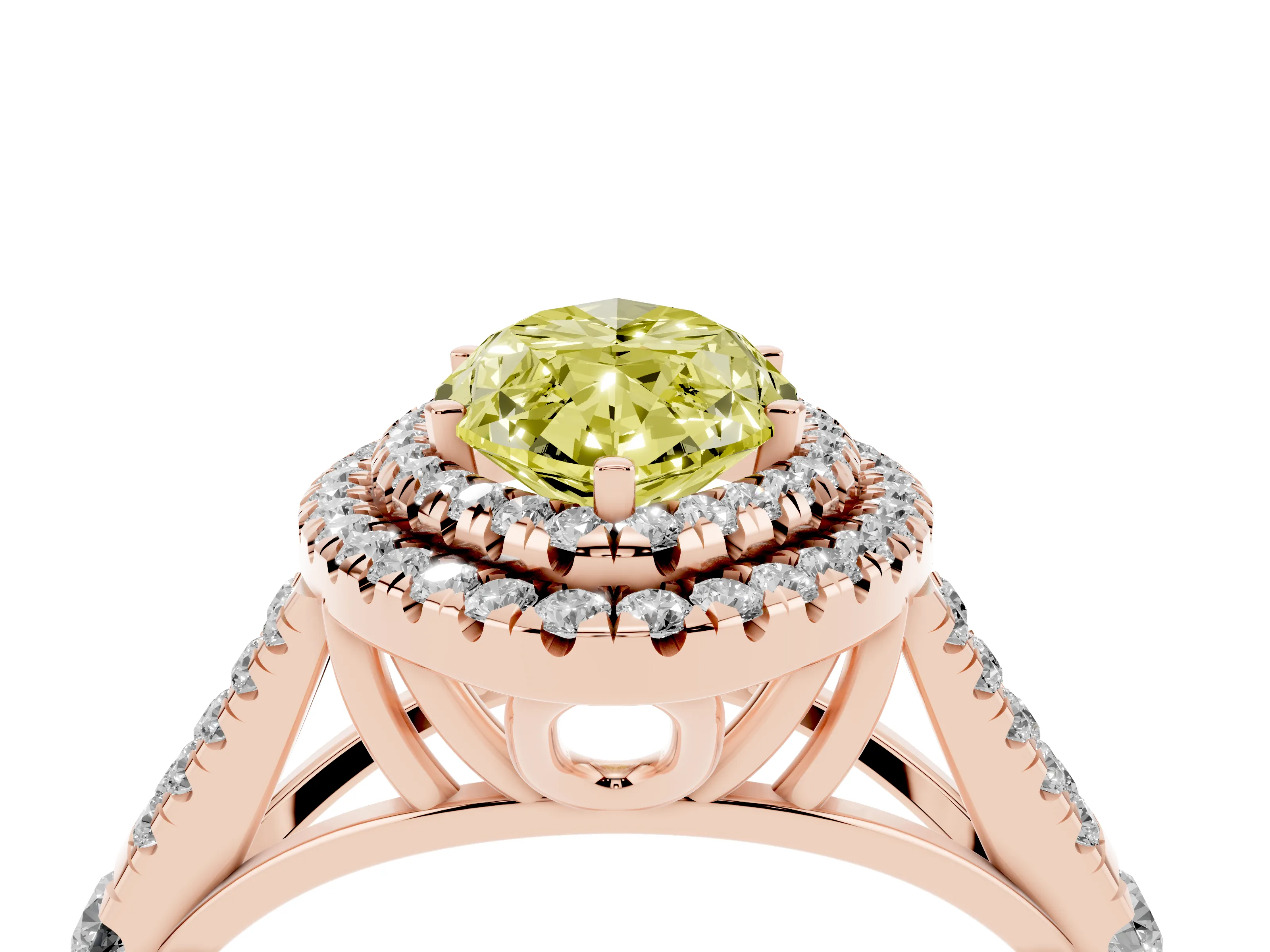 Fancy Yellow Marquise Cut Diamond Pavé Split Shank Double Halo Engagement Ring Set in Rose gold