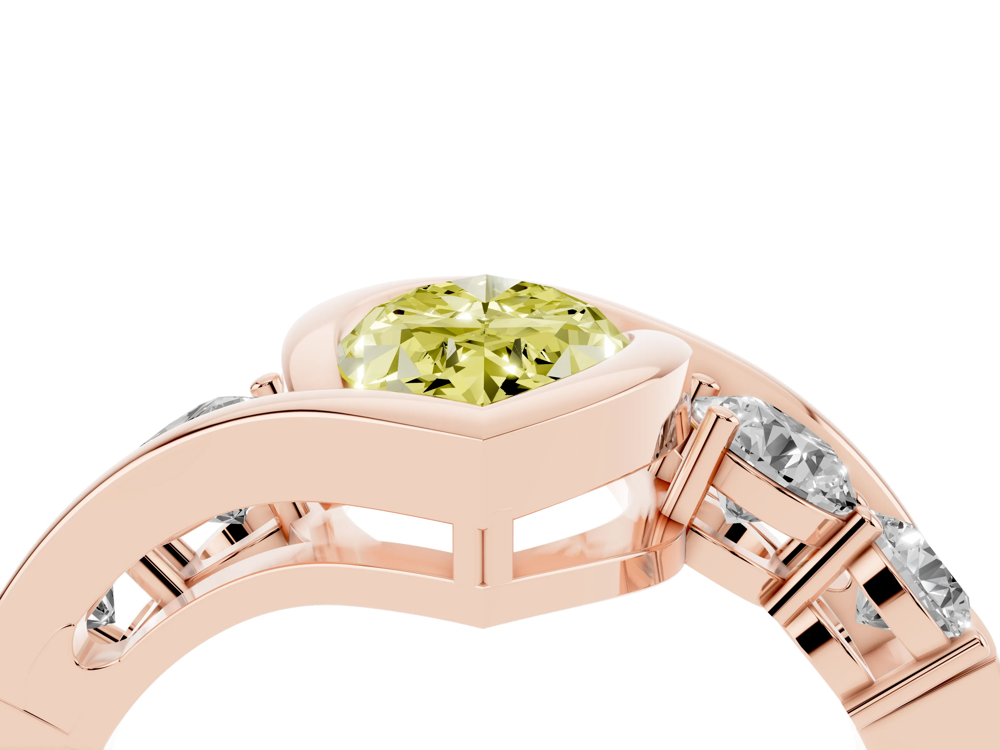 Fancy Yellow Marquise Cut Diamond Bezel Bypass Ring Set in Rose gold with Round Accents