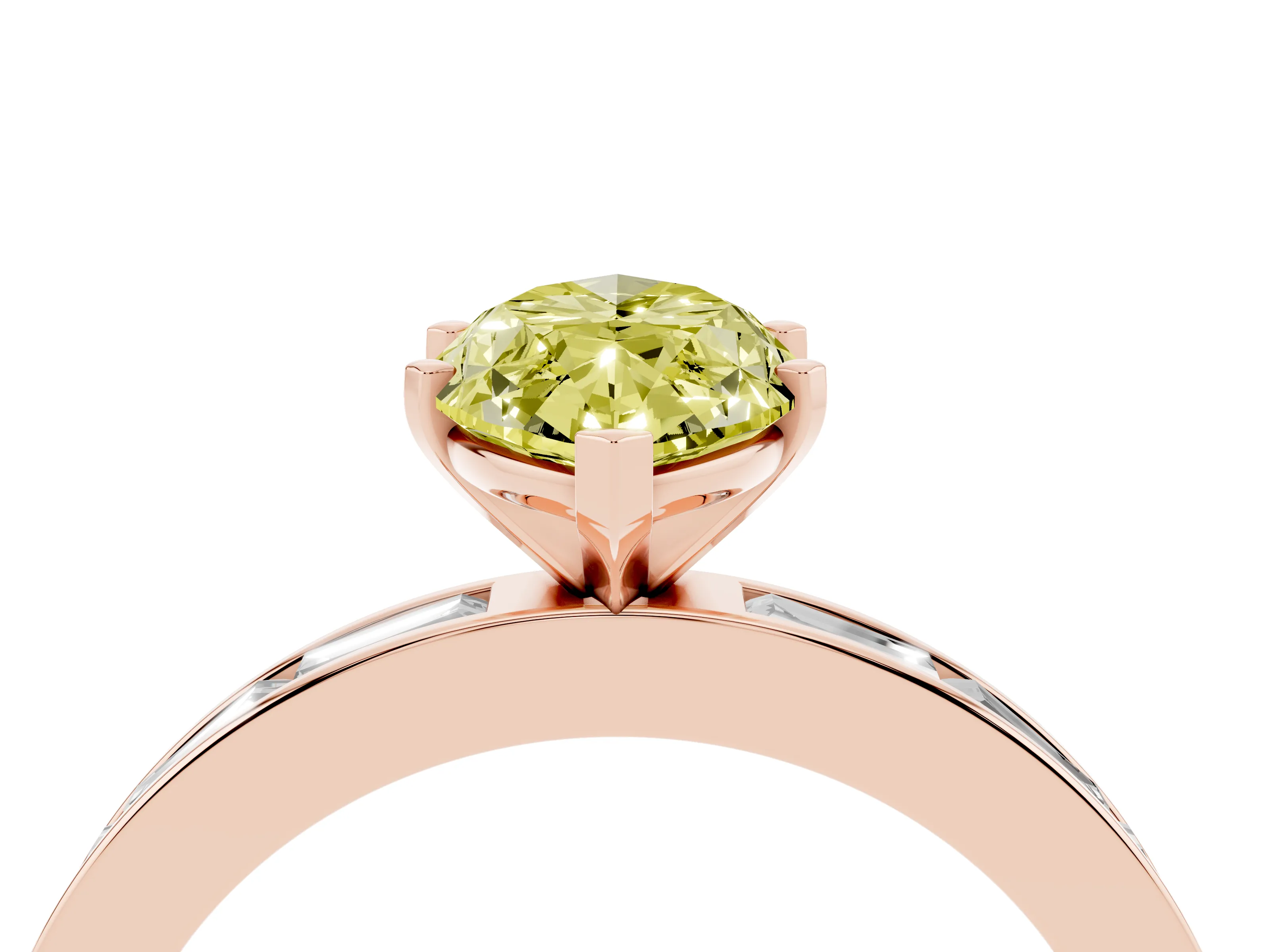 Fancy Yellow Marquise Cut Diamond Solitaire Ring Set in Rose gold with Channel-Set Baguette Band and Prong Setting
