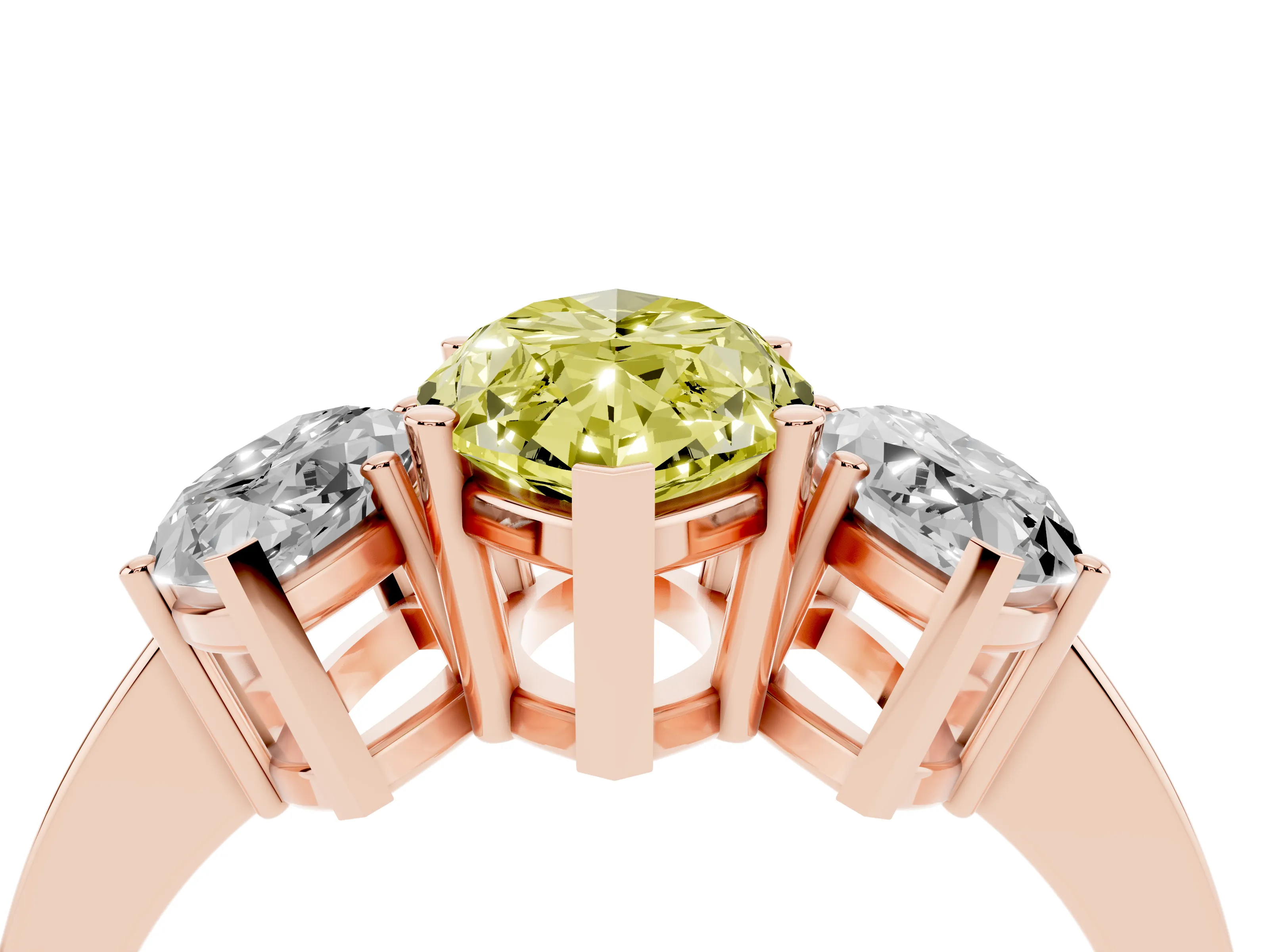 Fancy Yellow Marquise Cut Diamond Three-Stone Engagement Ring Set in Rose gold with Flat Band
