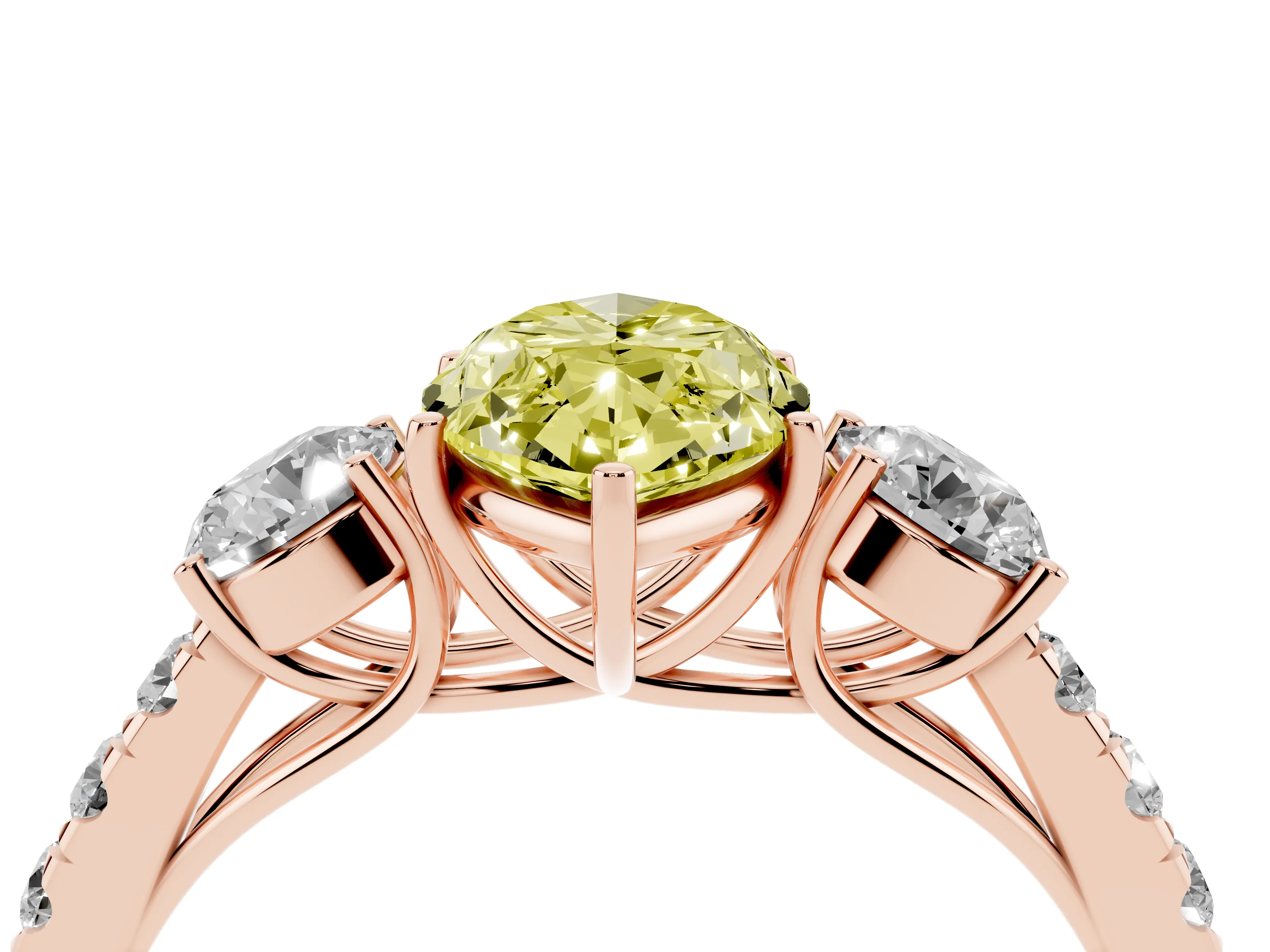 Fancy Yellow Marquise Cut Diamond Three-Stone Ring Set in Rose gold with Round Side Stones and Delicate Pavé Band