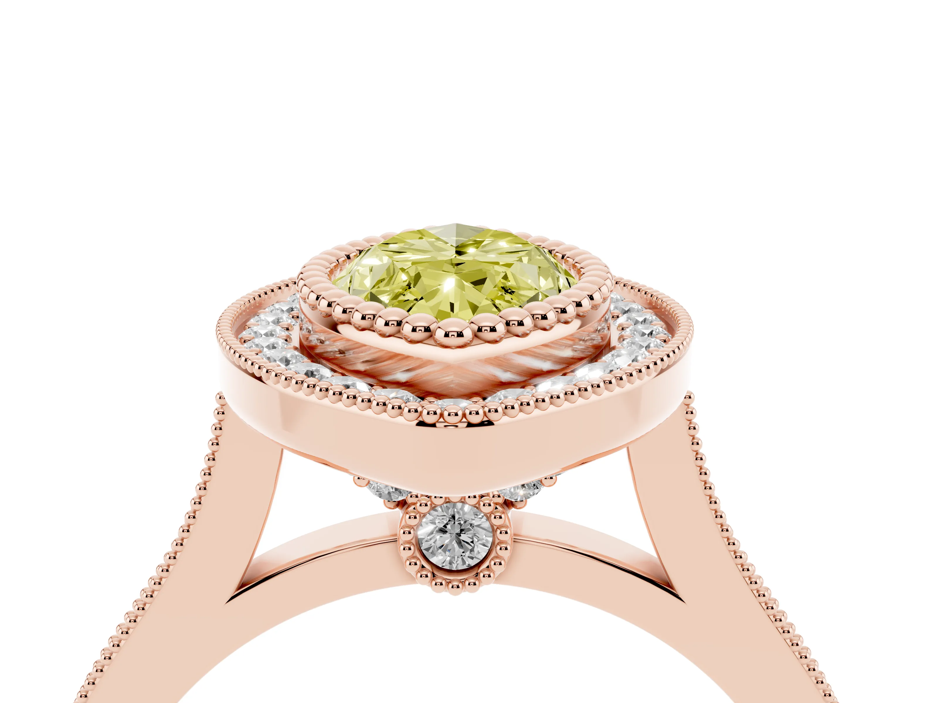 Fancy Yellow Marquise Cut Diamond Halo Ring Set in Rose gold with Milgrain Frame and Pavé Band