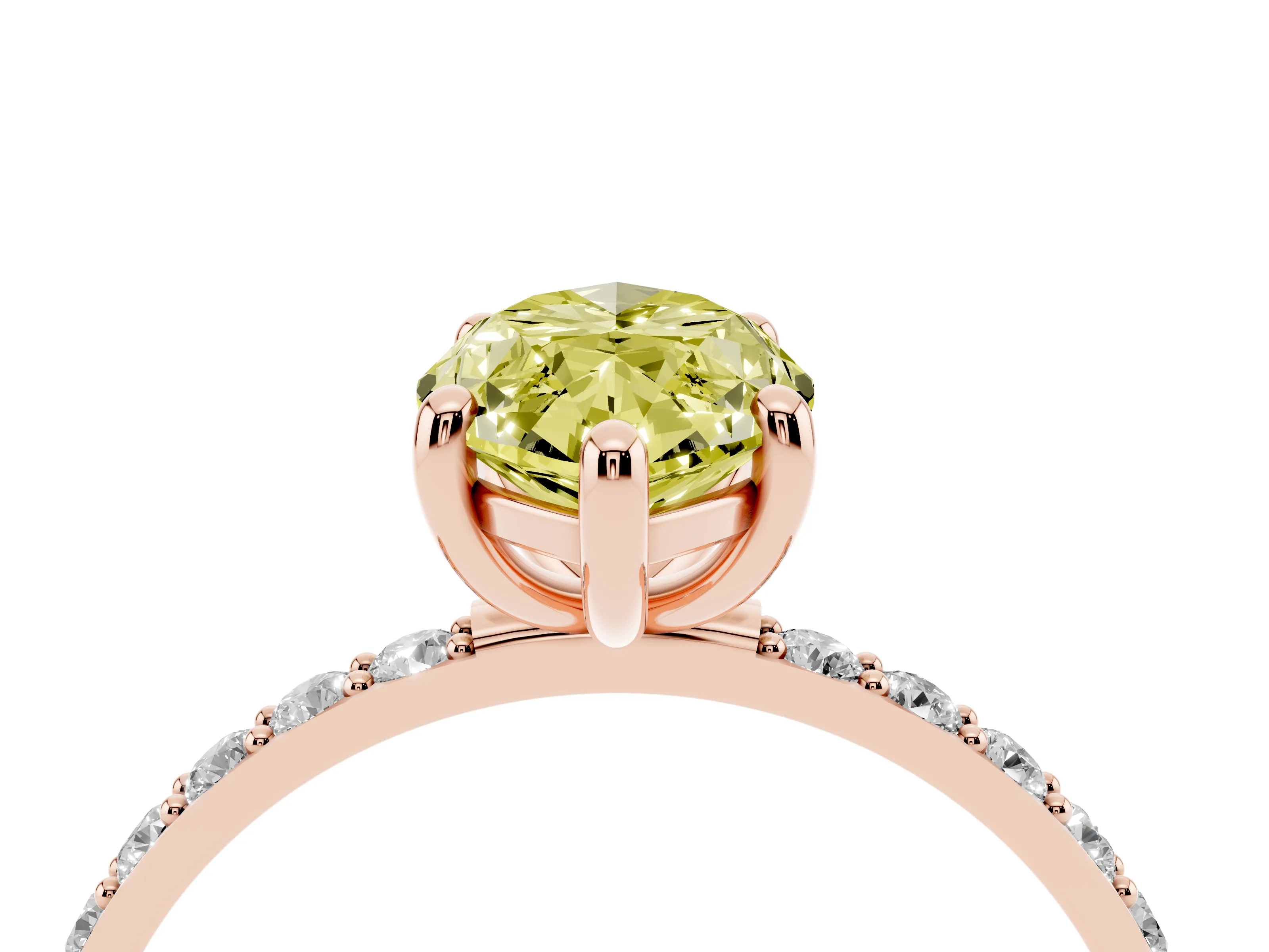 Fancy Yellow Marquise Cut Diamond Solitaire Ring Set in Rose gold with Round Pavé Band and Prong Setting