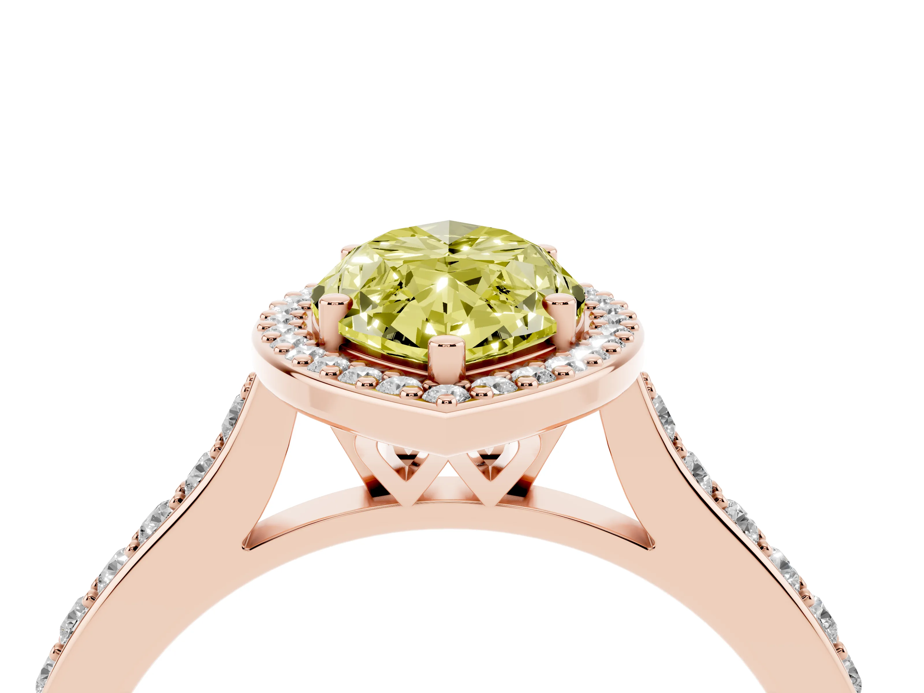 Fancy Yellow Marquise Cut Diamond Halo Engagement Ring Set in Rose gold with Round Pavé Shoulders and Heart Gallery