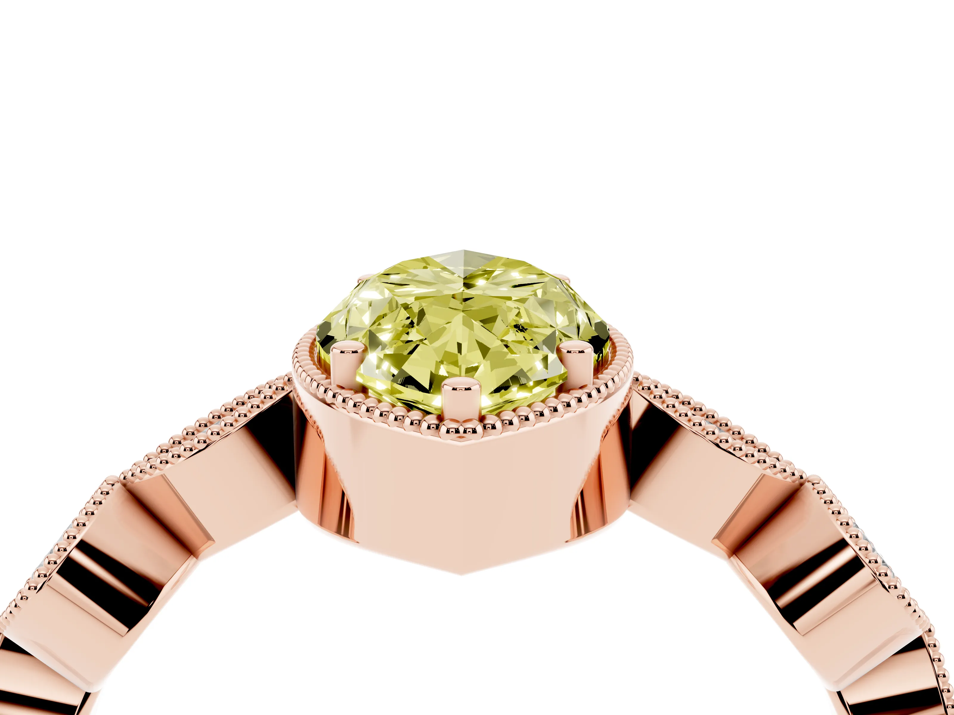 Fancy Yellow Marquise Cut Diamond Vintage-Inspired Milgrain Ring Set in Rose gold with Marquise Stations of Round Accents