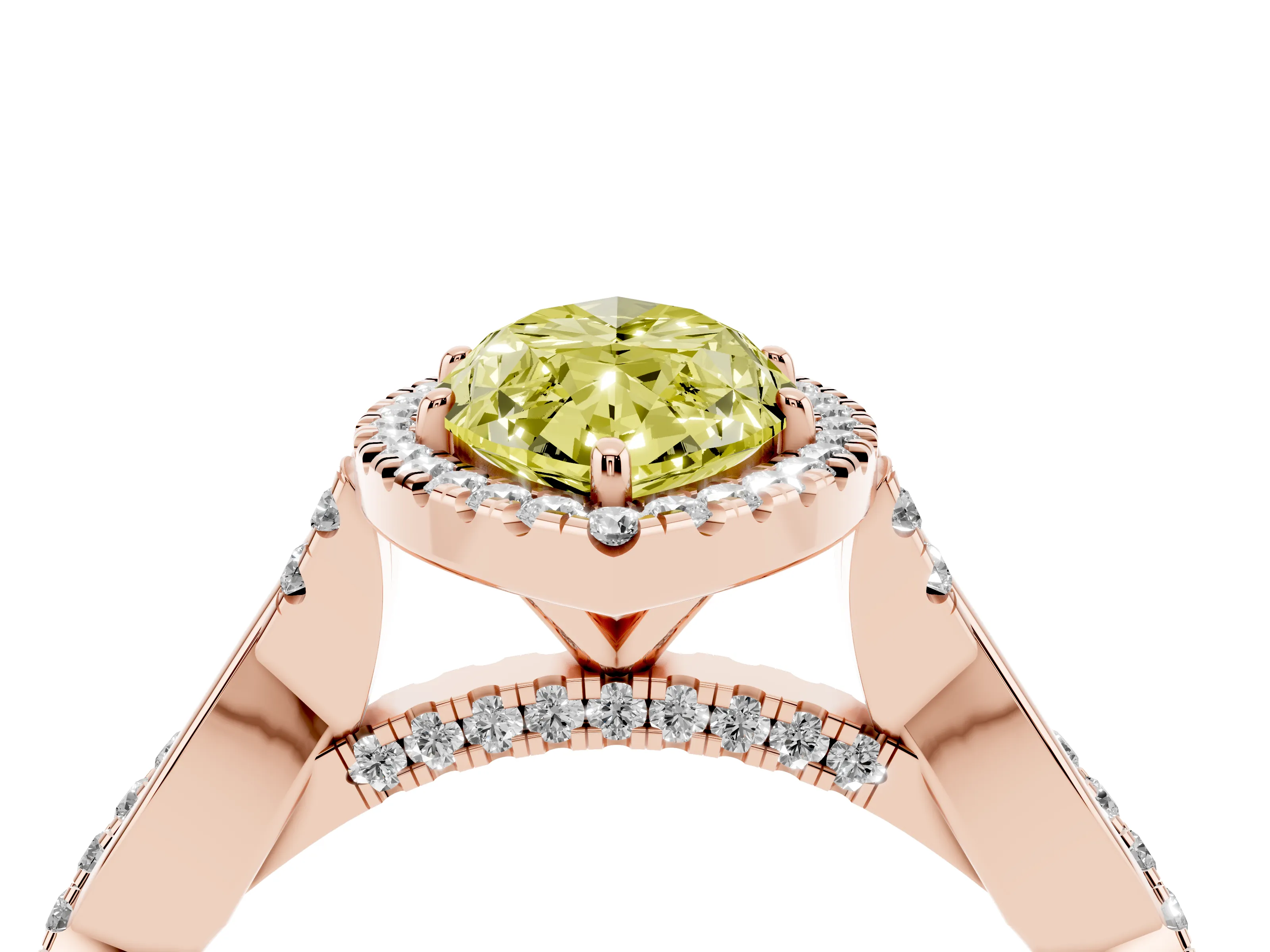 Fancy Yellow Marquise Cut Diamond Halo Twist Band Solitaire Ring Set in Rose gold with Prong Setting