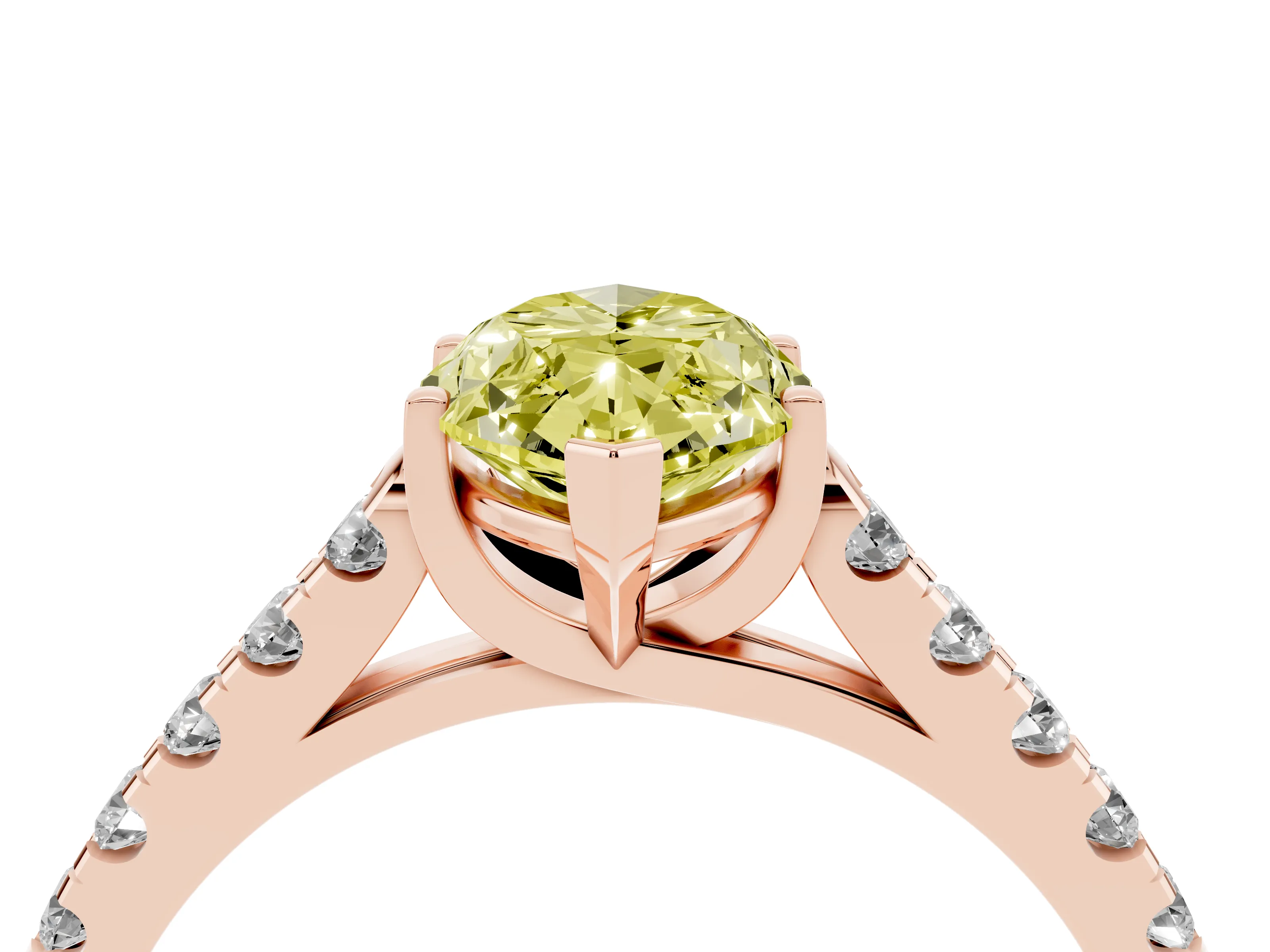 Fancy Yellow Marquise Cut Diamond Pavé Band Solitaire Ring Set in Rose gold with Partway Accent Stones and Prong Setting