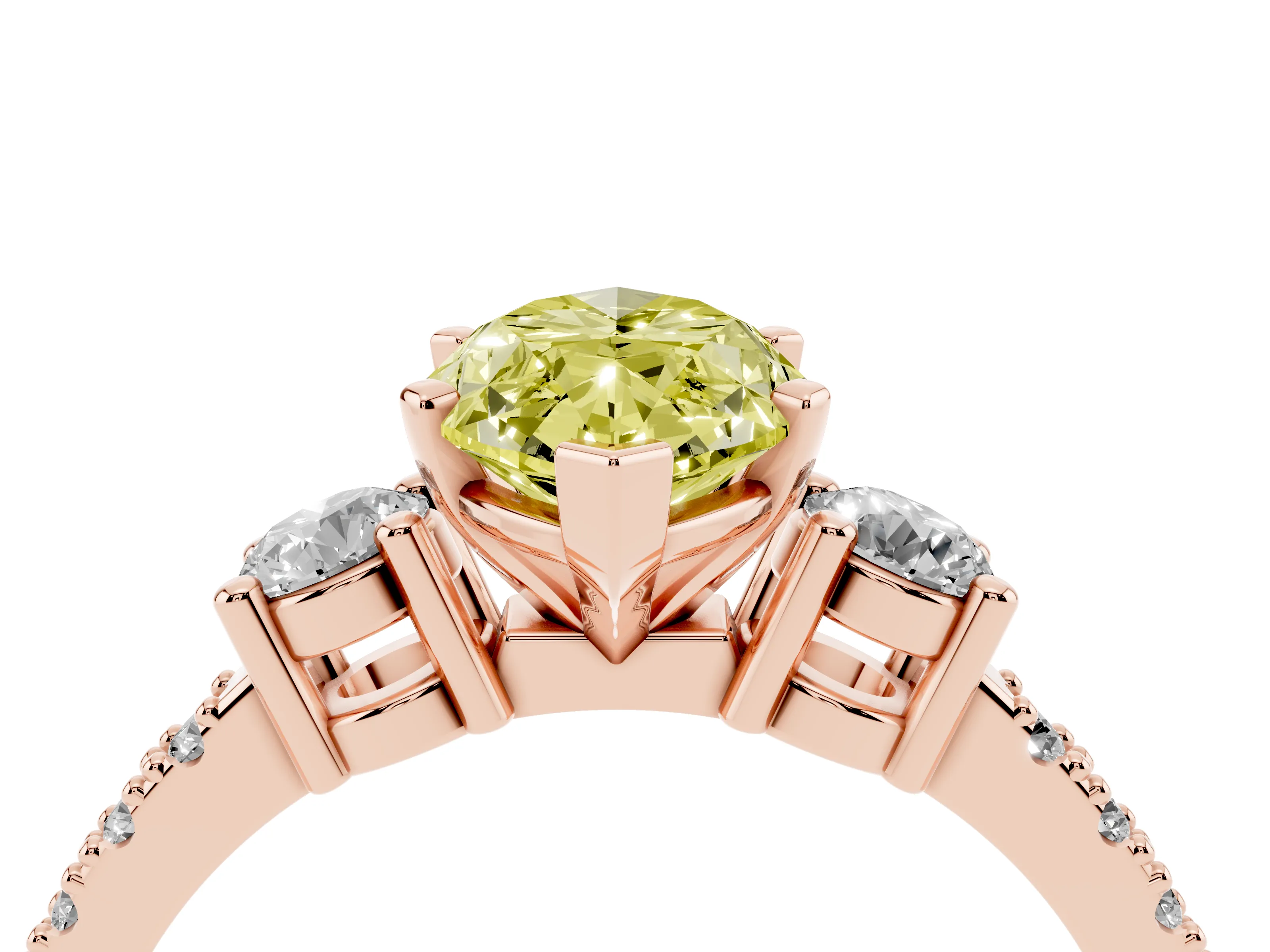 Fancy Yellow Three-Stone Marquise Cut Diamond Pavé Band Ring Set in Rose gold with Prong Setting