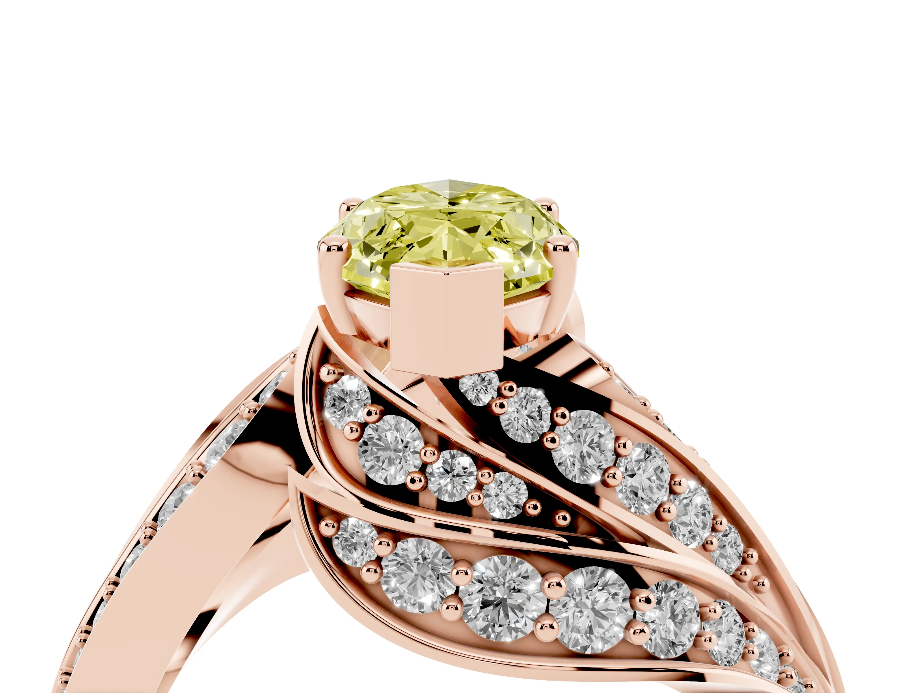 Fancy Yellow Marquise Cut Diamond Solitaire Ring Set in Rose gold with Layered Twist Pavé Band