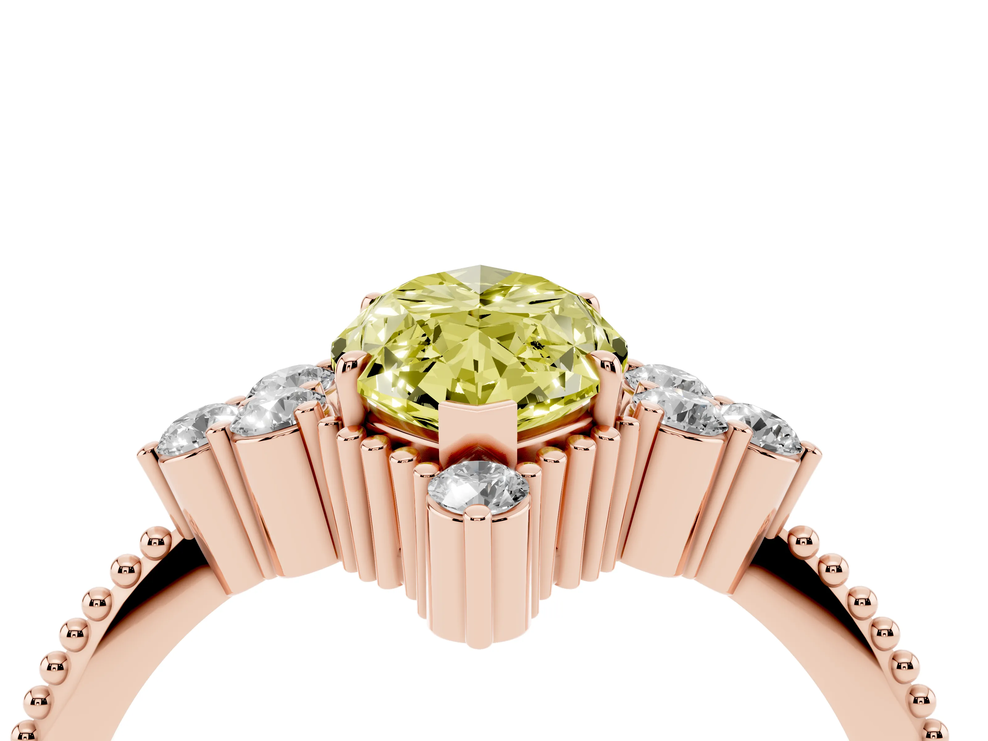 Fancy Yellow Marquise Cut Diamond Cluster Ring Set in Rose gold with Beaded Band