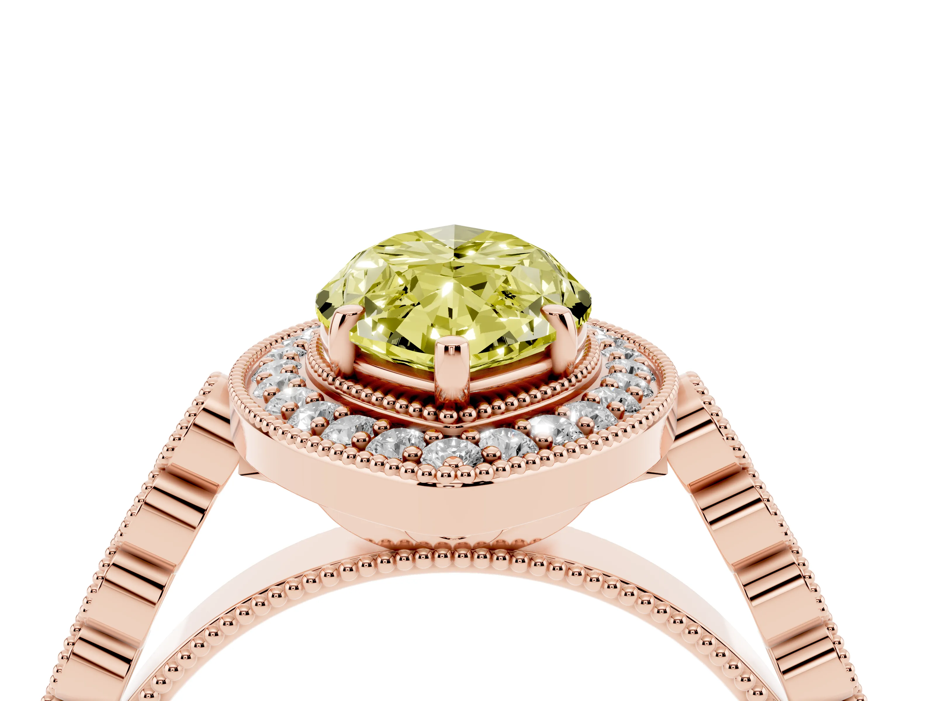 Fancy Yellow Marquise Cut Diamond Milgrain Halo Solitaire Ring Set in Rose gold with Bezel Set Side Stones and Pavé Band