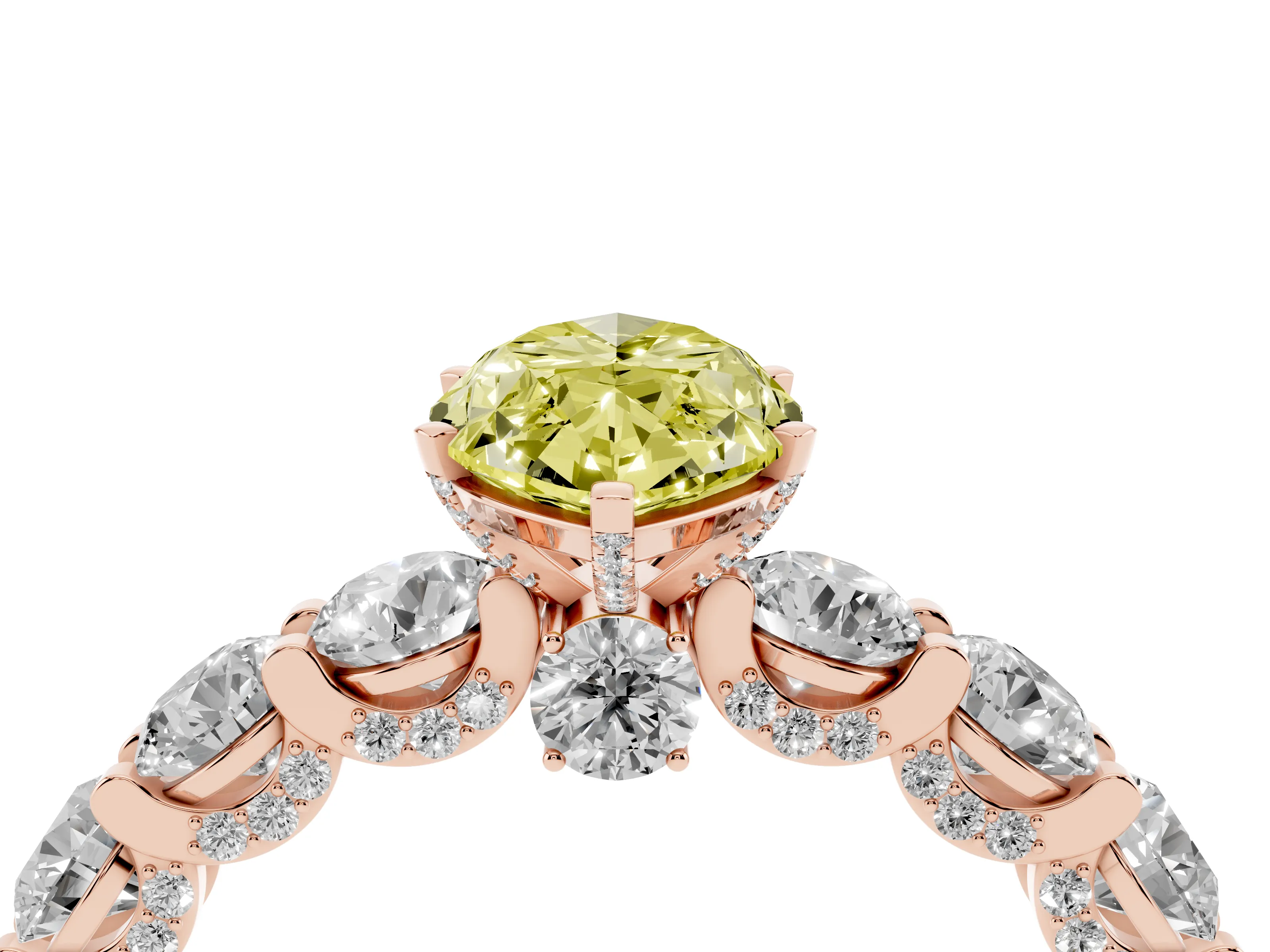 Fancy Yellow Marquise Cut Diamond Side Stone Ring Set in Rose gold with Alternating Round and Oval Side Stones