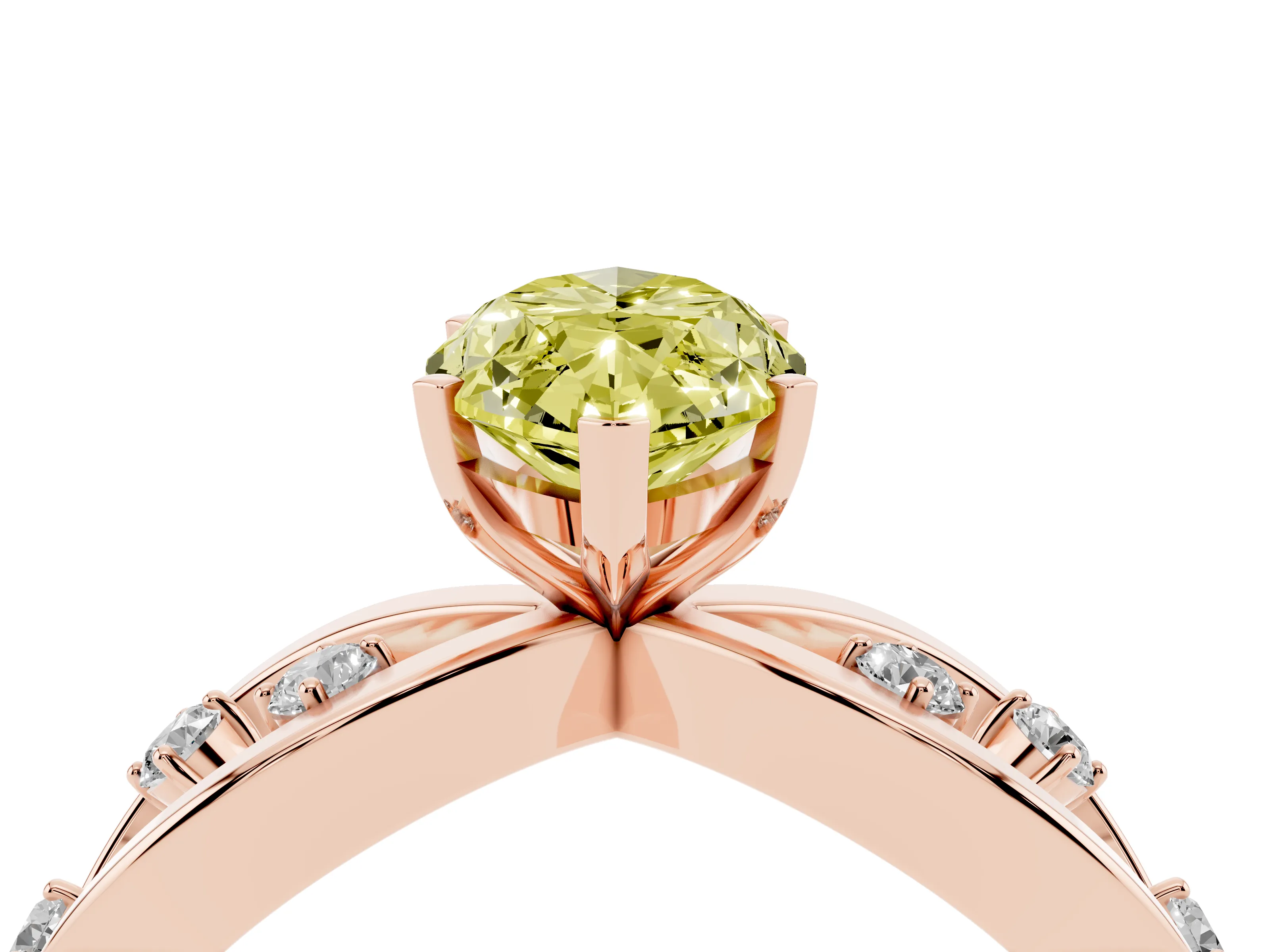 Fancy Yellow Marquise Cut Diamond Solitaire Ring Set in Rose gold with Side Stones on Criss-Cross Band and Prong Setting