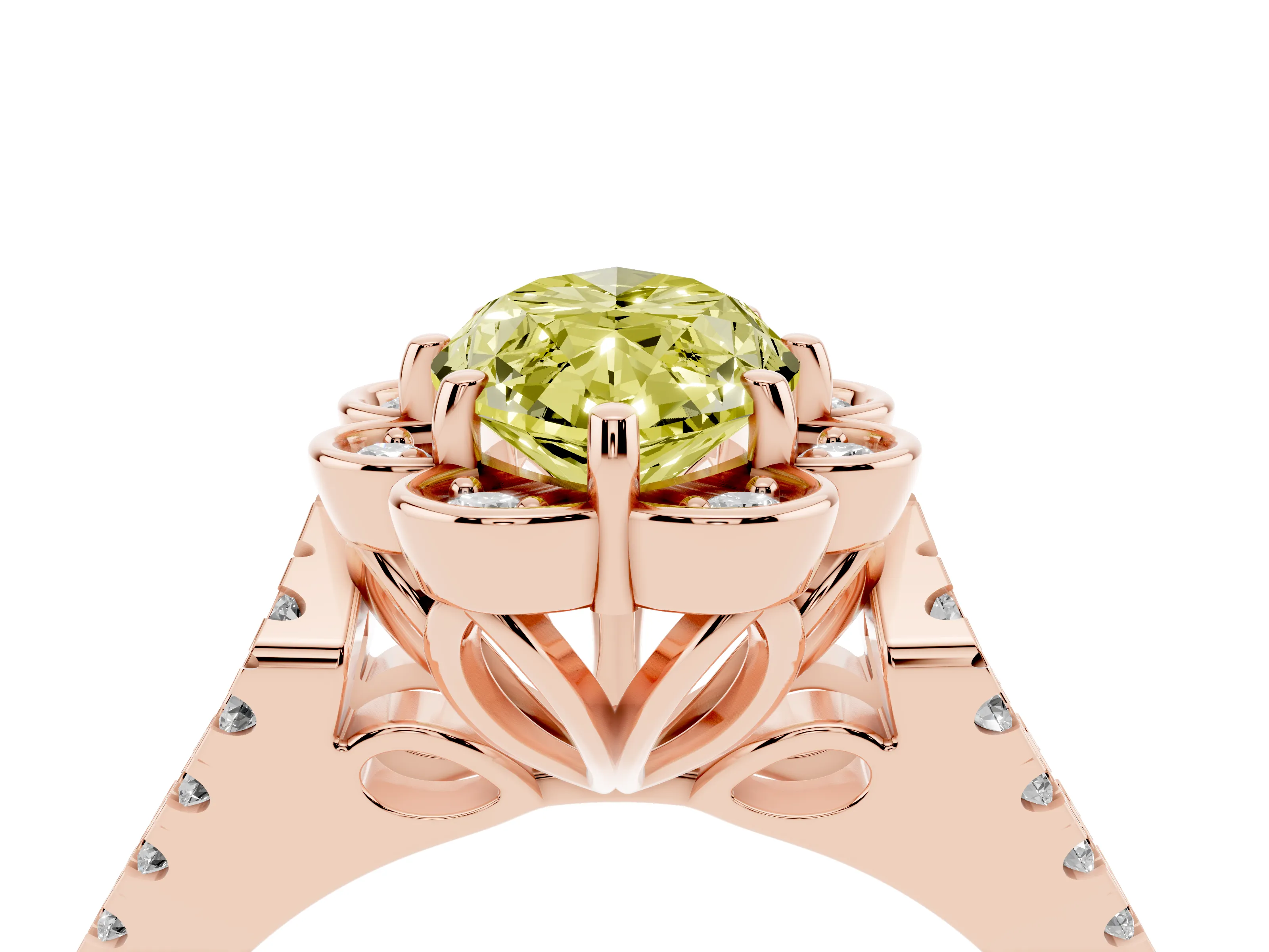 Fancy Yellow Marquise Cut Diamond Floral Halo Split Shank Engagement Ring Set in Rose gold with Pavé Shank