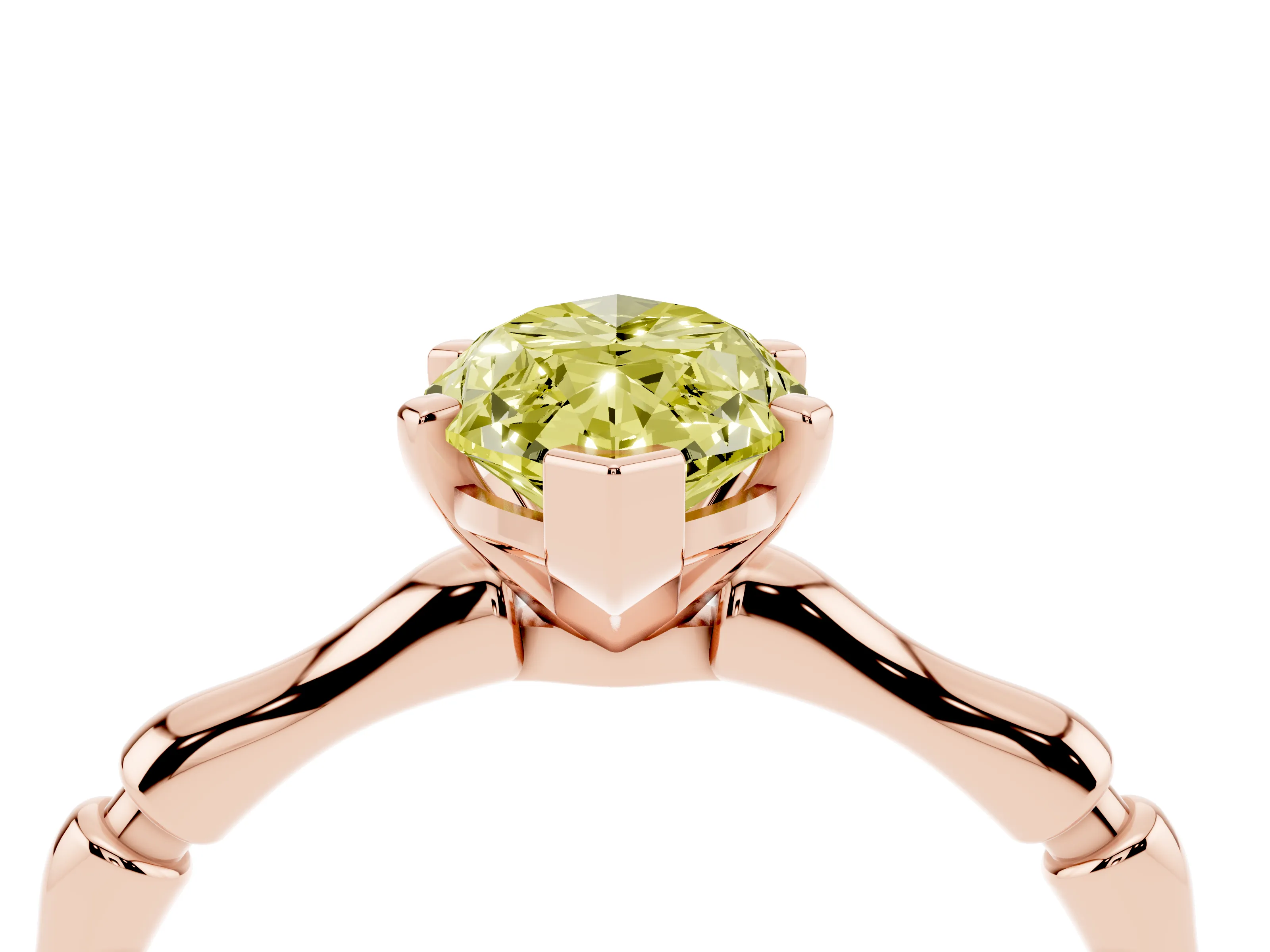 Fancy Yellow Marquise Cut Diamond Solitaire Ring Set in Rose gold with Bamboo Band and Prong Setting