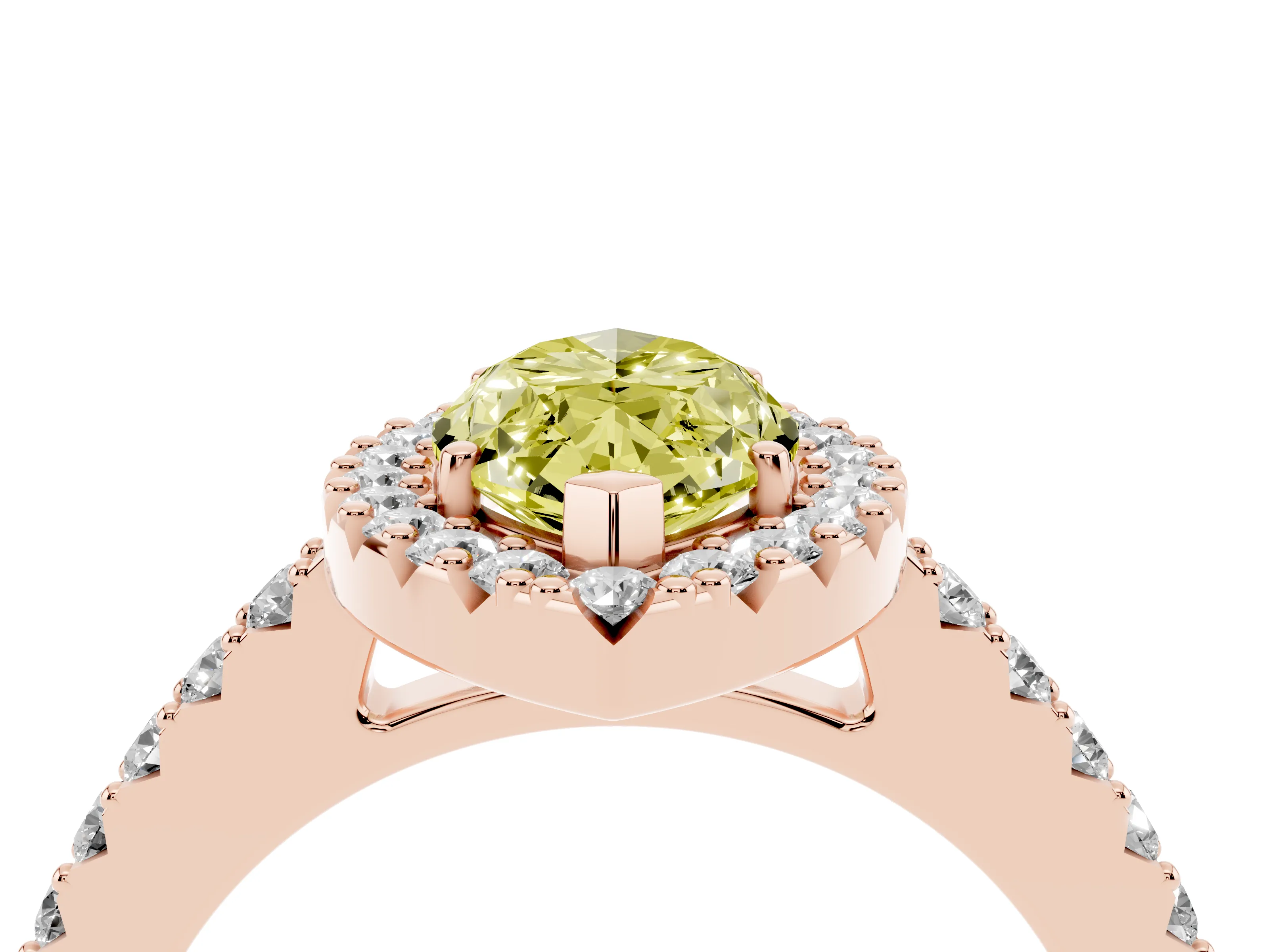 Fancy Yellow Marquise Cut Diamond Halo Pavé Solitaire Ring Set in Rose gold with Prong-Set Center Stone