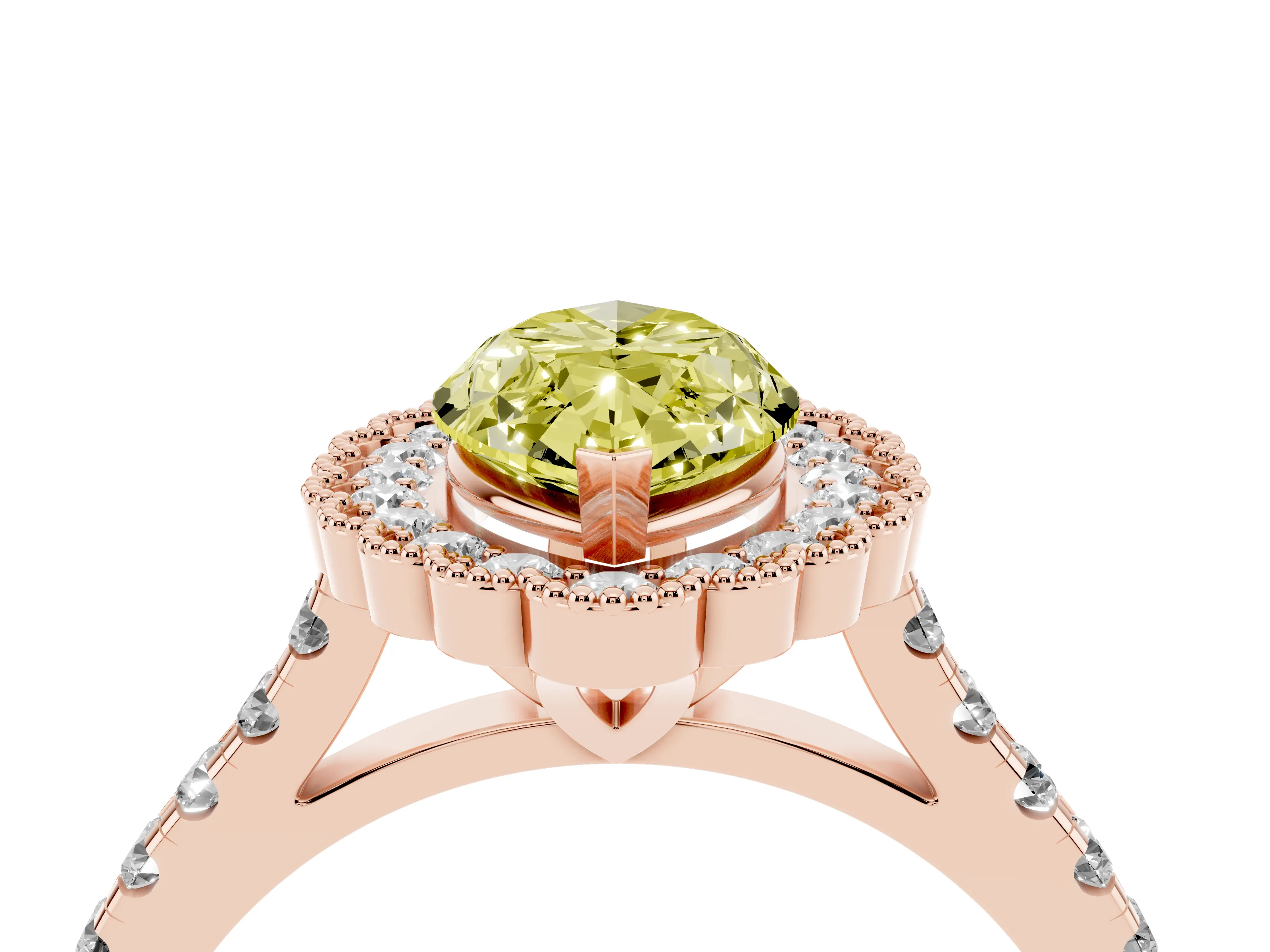 Fancy Yellow Marquise Cut Diamond Milgrain Floral Halo Engagement Ring Set in Rose gold with Pavé Band