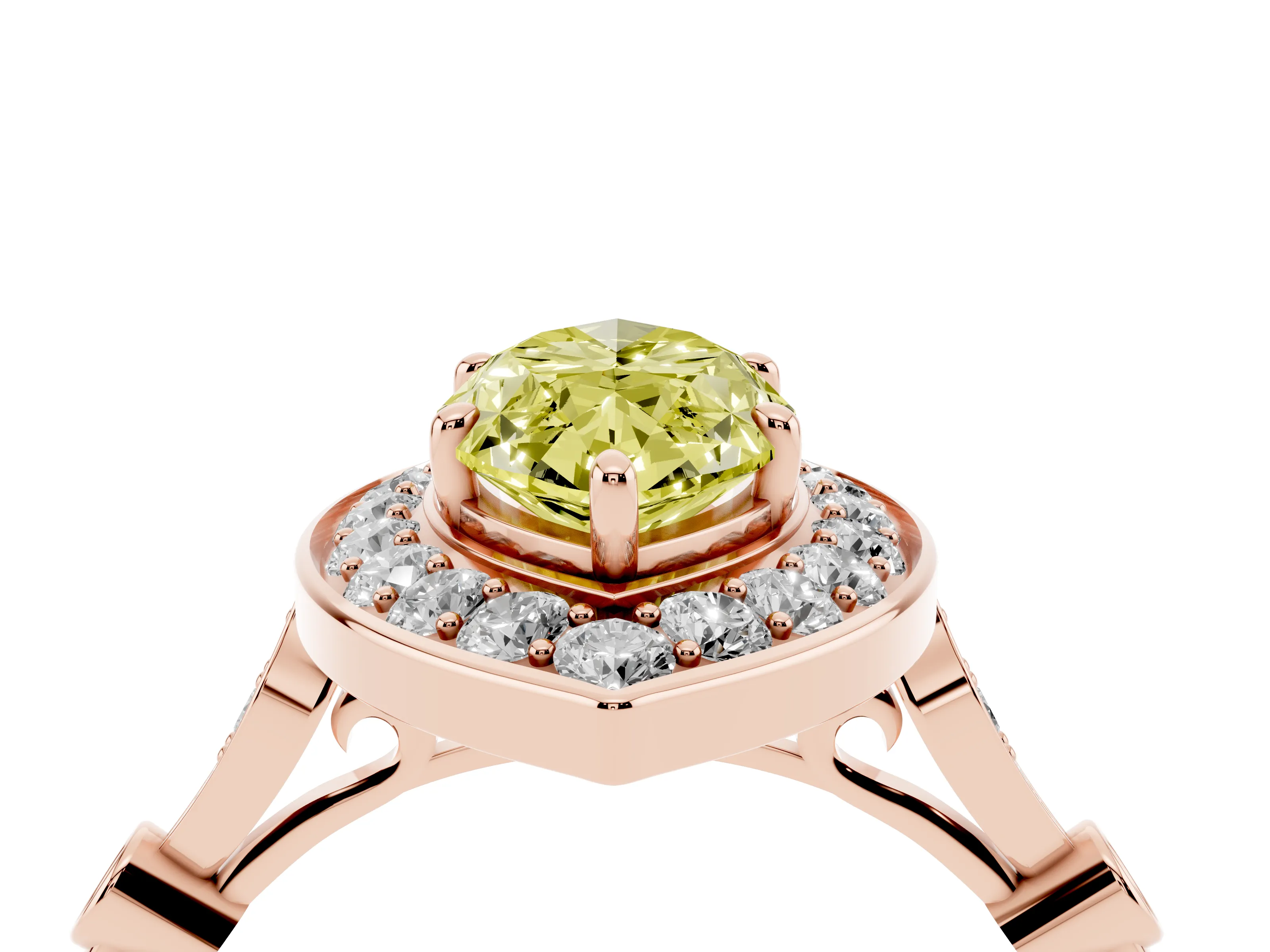 Fancy Yellow Marquise Cut Diamond Halo Engagement Ring Set in Rose gold with Twisted Band and Prong Setting