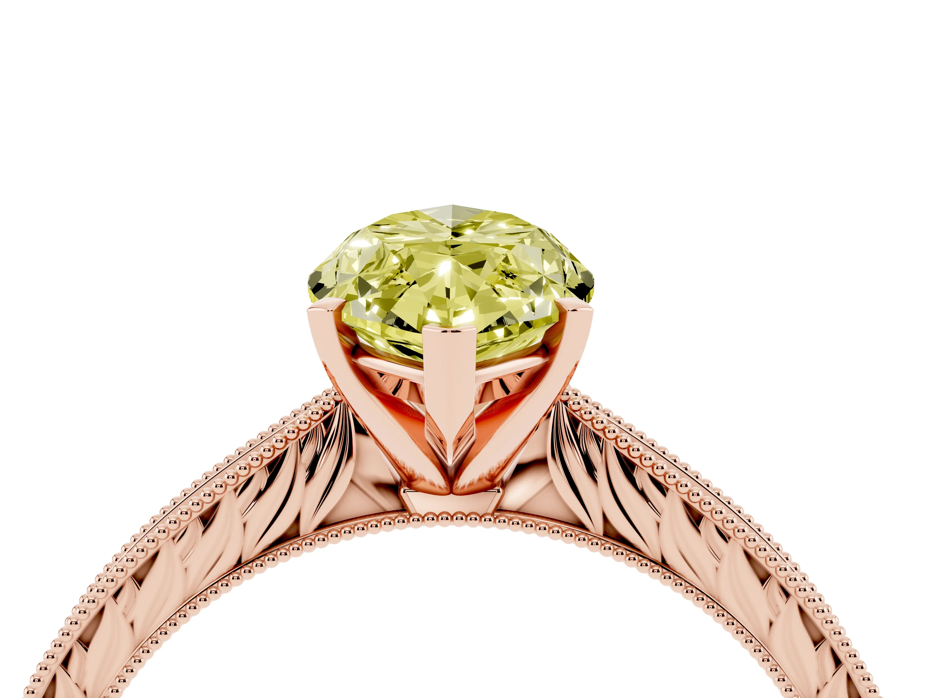 Fancy Yellow Marquise Cut Diamond Solitaire Milgrain Engraved Band Set in Rose gold with Prong Setting