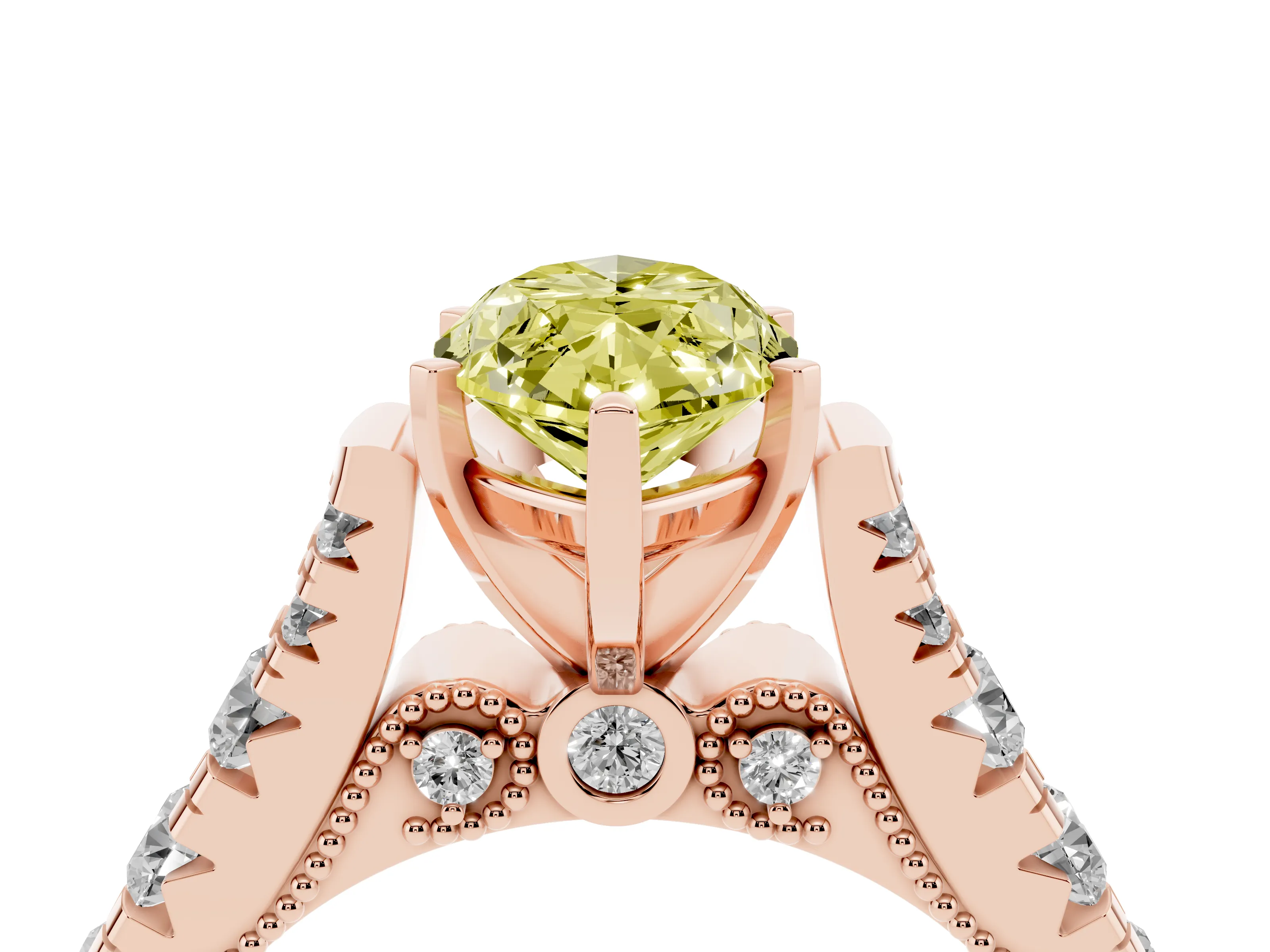Fancy Yellow Marquise Cut Diamond Classic Solitaire Ring Set in Rose gold with Pavé Band and Prong Setting