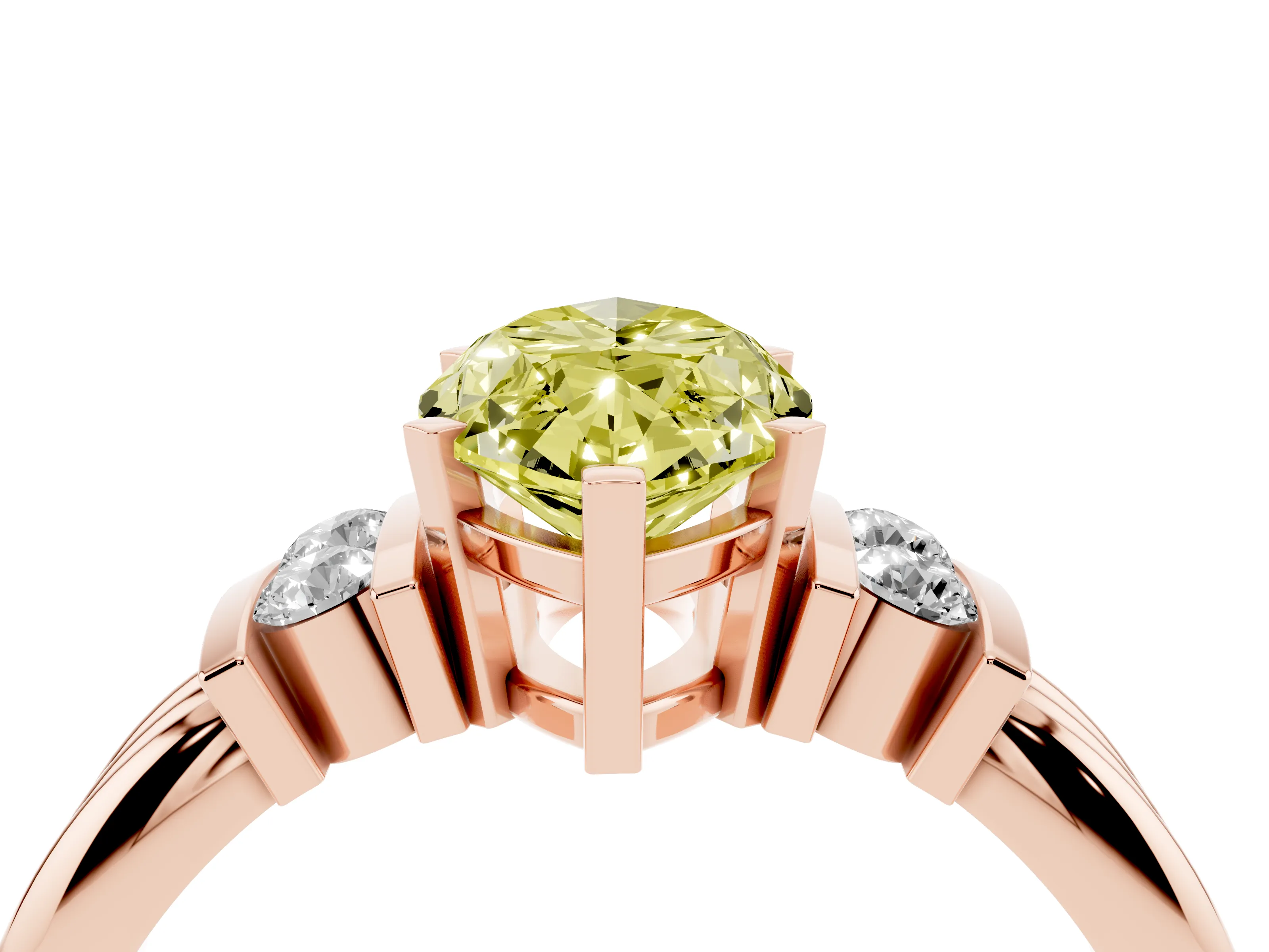 Fancy Yellow Three-Stone Marquise Cut Diamond Channel Set Ring Set in Rose gold with Bar Prongs