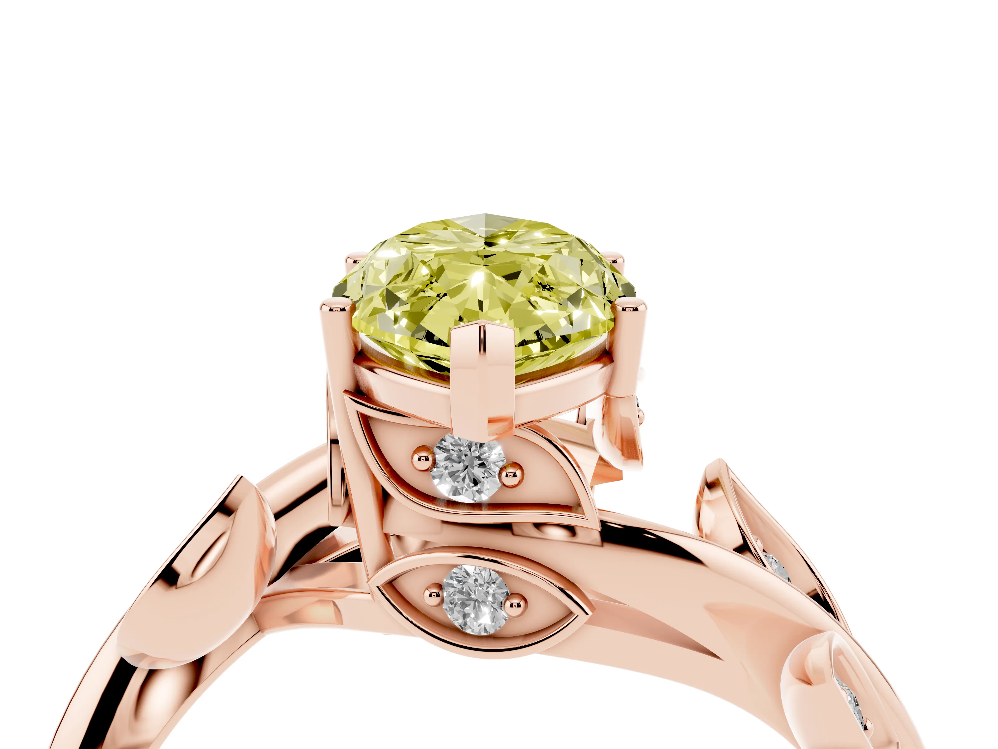 Fancy Yellow Marquise Cut Diamond Solitaire Twist Engagement Ring Set in Rose gold with Pavé Leaf Accents