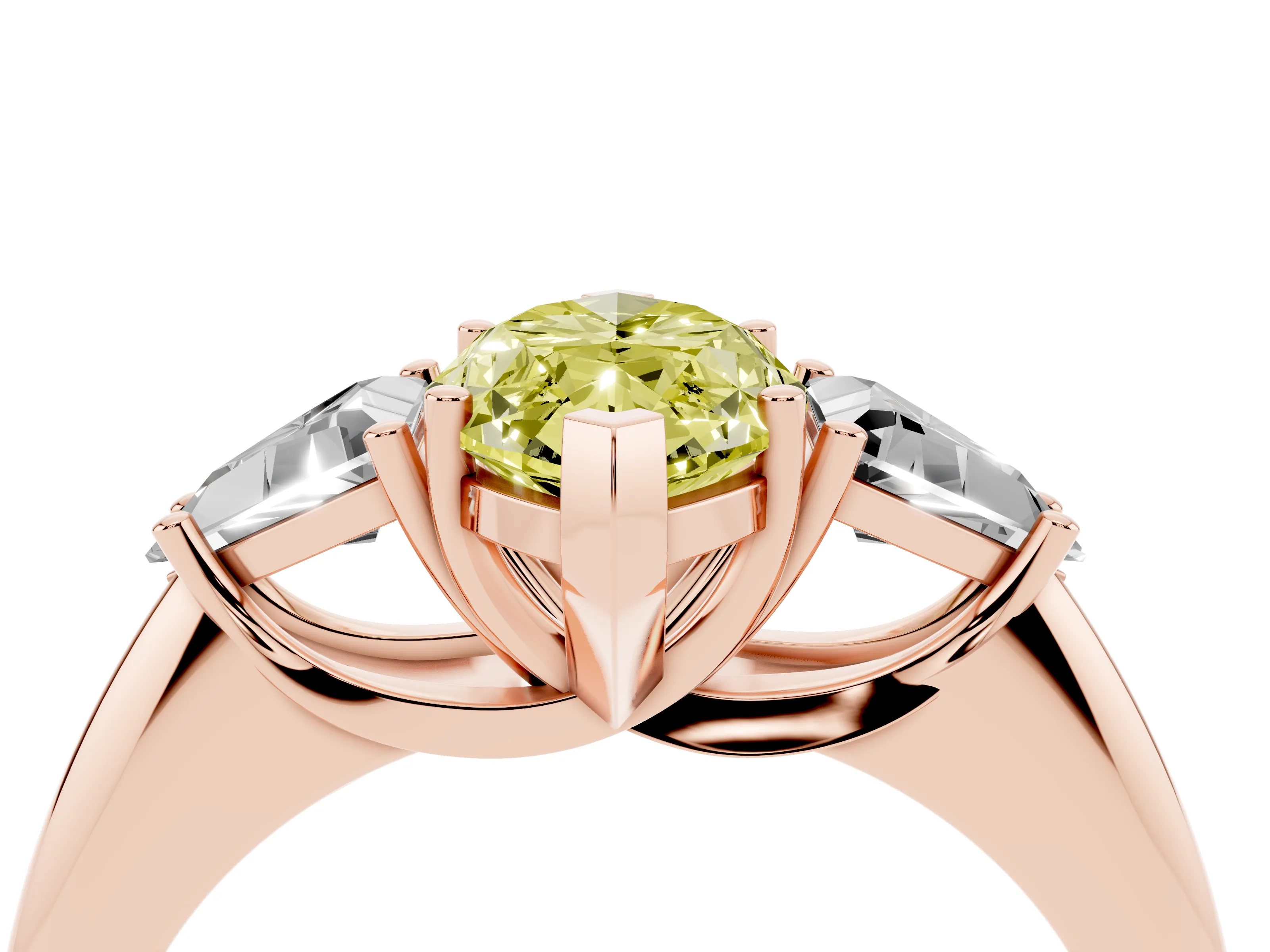 Fancy Yellow Marquise Cut Diamond Three-Stone Engagement Ring Set in Rose gold with Trillion Side Stones