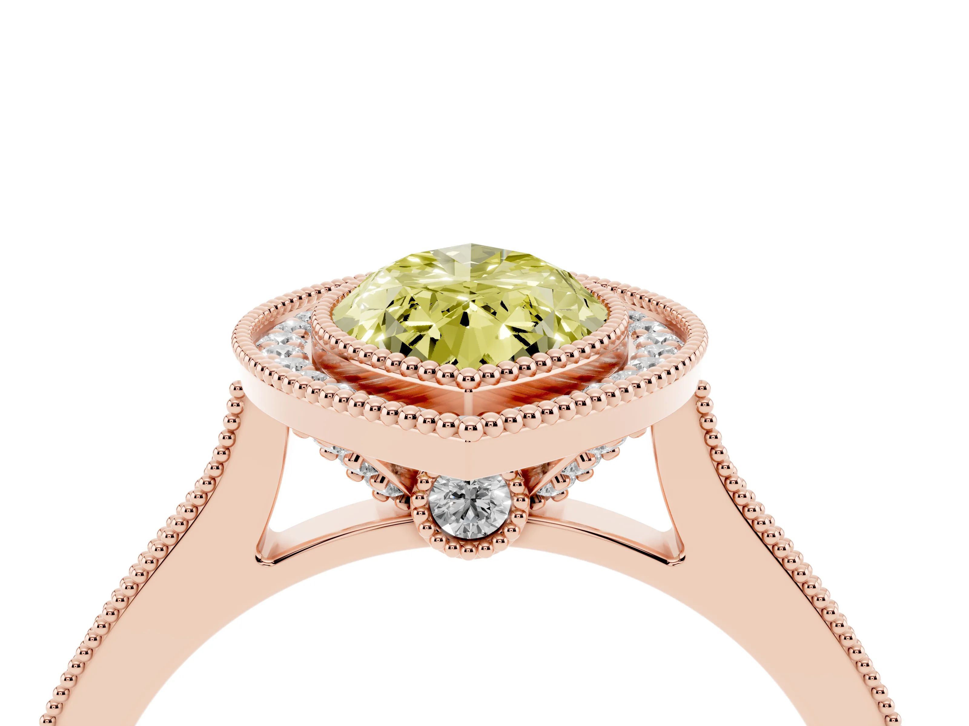 Fancy Yellow Marquise Cut Diamond Halo Milgrain Pavé Band Ring Set in Rose gold with Prong Setting