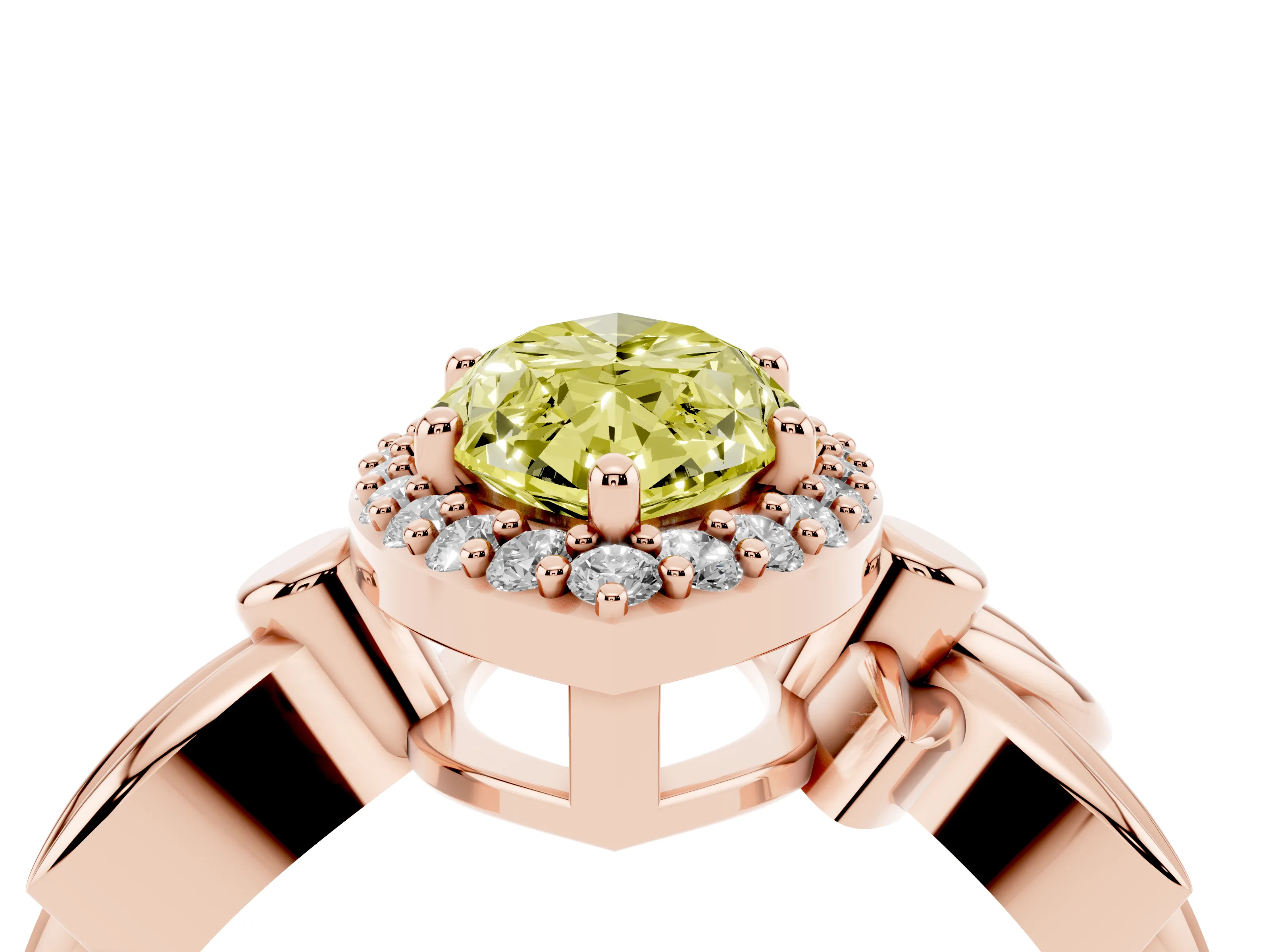 Fancy Yellow Marquise Cut Diamond Halo Floral Band Ring Set in Rose gold with Prong Setting