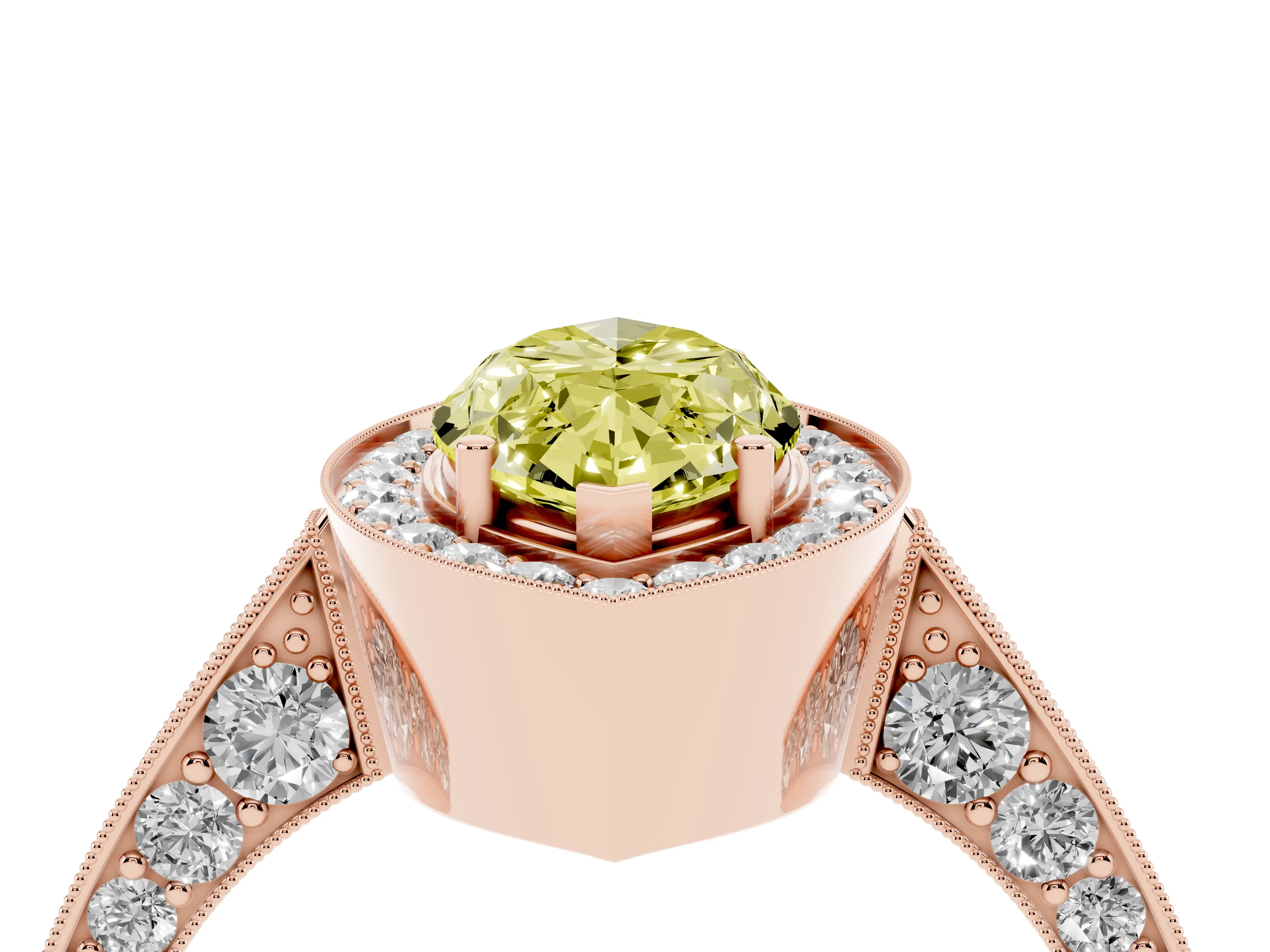Fancy Yellow Marquise Cut Diamond Halo Engagement Ring Set in Rose gold with Accent Split Shank Band