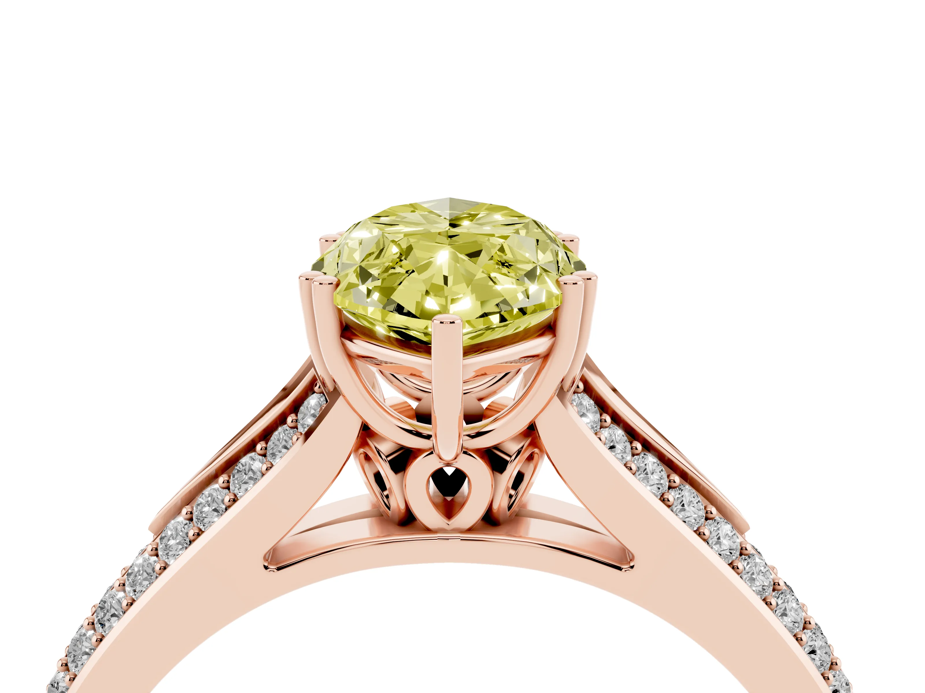 Fancy Yellow Marquise Cut Diamond Split Shank Pavé Engagement Ring Set in Rose gold with Prong-Set Center Stone